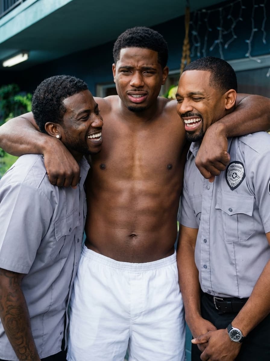 replace the people in this photo with pooh shiesty as the man in the middle then gucci man is the man on the left make sure to remove all tatoos make it look ultra realstic and make sure all of their body matches the skin tone of who they are. keep them in the same outfits as the original. make it like there is no sign of ai at all, make them all keep the same expressions as original photo