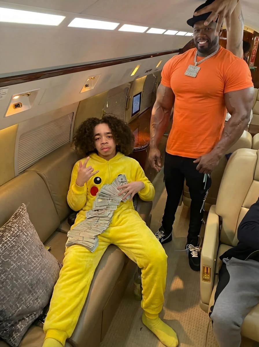make the man in the orange skin match his face and make him more muscular like 50 cent the rappers size but keep him doing the same pose and keep the same vibe. do not alter his face at.do not add any extra arms 