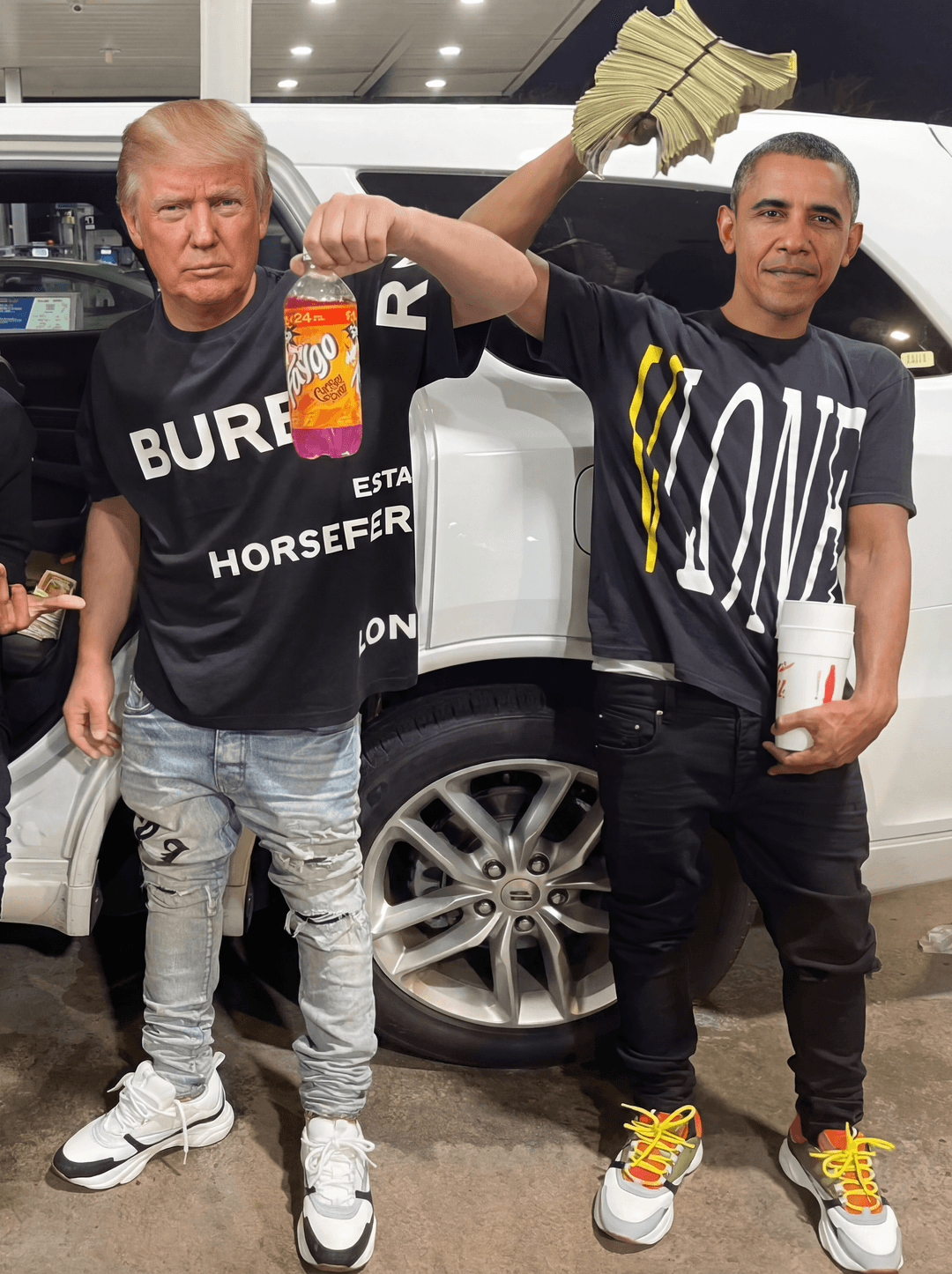 Completely remove and replace the people in this photo with Donald Trump and barack Obama. make sure to remove all tatoos make it look ultra realstic and make sure all of their body matches the skin tone of who they are. keep them in the same outfits as the original.

