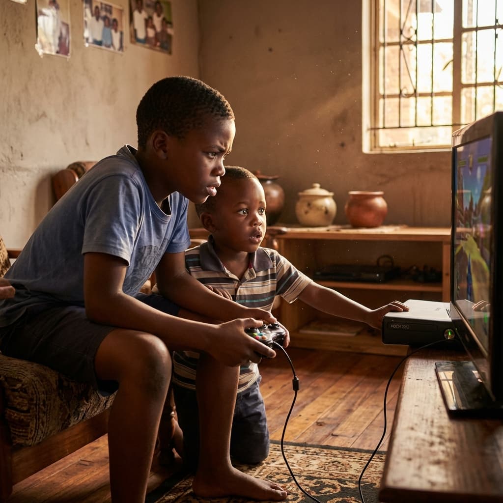 Hyperrealistic photograph of two young African boys playing an Xbox. The older boy, approximately 12 years old, sits cross-legged, intensely focused on the screen, his brow slightly furrowed in concentration. His younger brother, aged around 4, sits beside him, eyes wide with a mix of awe and curiosity, perhaps reaching out a small hand towards the controller or the screen. The scene is bathed in natural, soft, late-afternoon light filtering through a simple window or doorway, casting gentle shadows and highlighting the texture of their skin and clothing. The boys are dressed in worn but clean, everyday clothes – perhaps a t-shirt and shorts. The Xbox console and controllers are visible but not overly prominent, subtly indicating the modern technology amidst a potentially more traditional setting. Details such as dust motes in the air, the subtle sheen on their skin, and the worn fabric of their clothes are rendered with extreme fidelity. The background is slightly out of focus, suggesting a humble but warm interior, perhaps with textures of mud brick or painted plaster. The overall mood is one of innocent joy, focus, and sibling connection, captured with a deep depth of field and a slightly warm color palette that emphasizes the natural light. Shot with a high-end full-frame camera and a fast prime lens (e.g., 85mm f/1.4) to achieve exceptional bokeh and sharpness.
