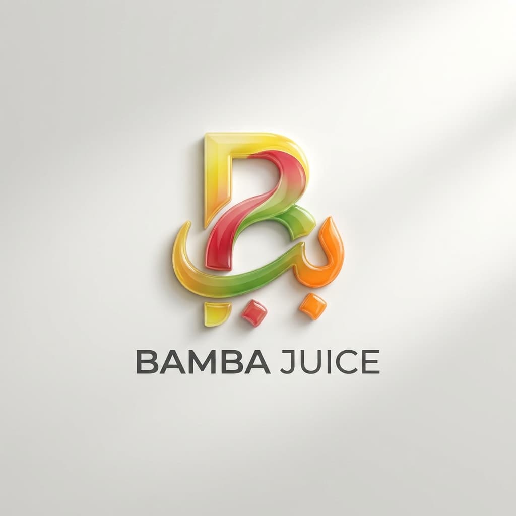 **Hyper-realistic photography of a sleek, vibrant logo for "Bamba Juice." The logo features a sophisticated, artistic fusion of the Roman letter "B" and the Arabic letter "Ba," rendered with a dynamic, playful twist. The color palette is a harmonious blend of banana yellow, bright red, lush plant green, and juicy orange, creating a visually appealing and energetic design. The logo is meticulously crafted with a subtle 3D effect, casting soft, realistic shadows that add depth and dimension. The lighting is bright and even, highlighting the intricate details and vibrant colors of the logo against a pristine, minimalist white background. The focus is sharp, capturing every nuance of the design, from the smooth gradients to the precise curves of the letters. The overall impression is one of modern elegance and playful sophistication, perfectly embodying the brand's identity.**