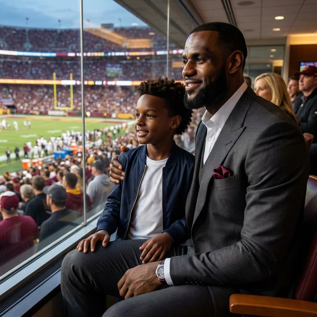 /imagine prompt: Hyperrealistic, cinematic photograph of LeBron James seated in a luxury suite at a packed football stadium, holding a young Bronny James on his lap. LeBron is impeccably dressed in a custom-tailored, dark charcoal suit with a subtle pinstripe, a crisp white dress shirt, and a silk pocket square in deep burgundy. His watch is a high-end, polished steel timepiece with intricate detailing. Bronny, no older than 8, is wearing a miniature, perfectly fitted bomber jacket in a rich navy blue, a pristine white t-shirt, and designer jeans with a slight distressed finish. His sneakers are gleaming, limited-edition, and stylish. Both are looking towards the field with expressions of engaged interest, a soft, natural smile playing on LeBron's lips. The stadium lights cast a warm glow, highlighting the fine textures of their clothing and the subtle details of their faces. The background is slightly blurred, showcasing the vibrant, energetic atmosphere of the game with fans cheering and stadium lights illuminating the field. Shot with a high-resolution professional camera, a prime lens, and expert lighting, emphasizing depth of field and natural skin tones. --ar 16:9 --v 5.2 --style raw