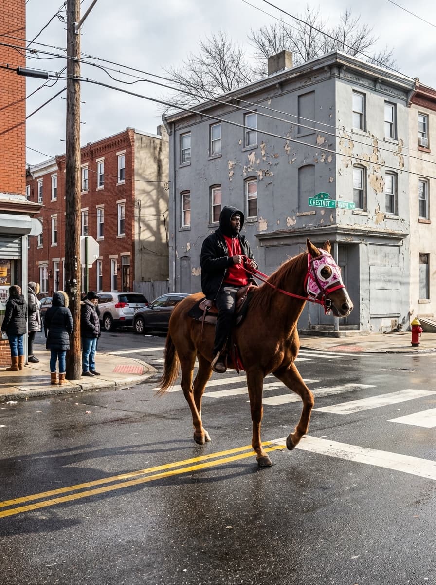 Hyper-realistic photograph, full-frame DSLR, Canon EOS 5D Mark IV, 35mm lens, f/8, 1/800s, ISO 100. A man on a brown horse crosses a wet city street at an intersection. The man sits upright, facing left, holding red reins, wearing a black hooded jacket with the hood up, a red shirt, and dark pants. The horse is mid-stride, front right leg raised, body angled left, with a pink and white face covering and a red bridle. Captured from a street-level perspective, slight distance, rider and horse centered slightly right. In the background, worn urban row houses: a red brick building with white trim on the left, a gray weathered corner building with peeling paint behind the rider. A green street sign is on the gray building's corner. Several people stand on the sidewalk to the far left near a storefront, partially turned towards the street. Parked cars line the curb behind them. A wooden utility pole with visible wires is near the left frame. The wet pavement reflects light slightly, with double yellow lines horizontally across the foreground. A fire hydrant is near the corner on the right. Overcast but bright sky, bare tree branches above buildings. Hard, direct midday sunlight from camera-right, sharp shadows, high contrast. Clean, slightly warm color science. Extremely sharp, strong micro-contrast, minimal grain. Slightly imperfect candid framing.