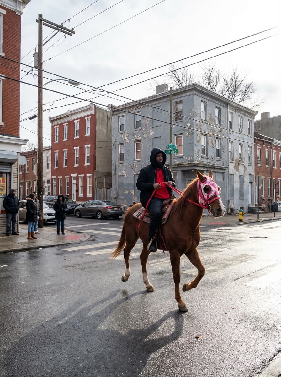 Hyper-realistic photograph, full-frame DSLR, Canon EOS 5D Mark IV, 35mm lens, f/8, 1/800s, ISO 100. A man on a brown horse crosses a wet city street at an intersection. The man sits upright, facing left, holding red reins, wearing a black hooded jacket with the hood up, a red shirt, and dark pants. The horse is mid-stride, front right leg raised, body angled left, with a pink and white face covering and a red bridle. Captured from a street-level perspective, slight distance, rider and horse centered slightly right. In the background, worn urban row houses: a red brick building with white trim on the left, a gray weathered corner building with peeling paint behind the rider. A green street sign is on the gray building's corner. Several people stand on the sidewalk to the far left near a storefront, partially turned towards the street. Parked cars line the curb behind them. A wooden utility pole with visible wires is near the left frame. The wet pavement reflects light slightly, with double yellow lines horizontally across the foreground. A fire hydrant is near the corner on the right. Overcast but bright sky, bare tree branches above buildings. Hard, direct midday sunlight from camera-right, sharp shadows, high contrast. Clean, slightly warm color science. Extremely sharp, strong micro-contrast, minimal grain. Slightly imperfect candid framing.