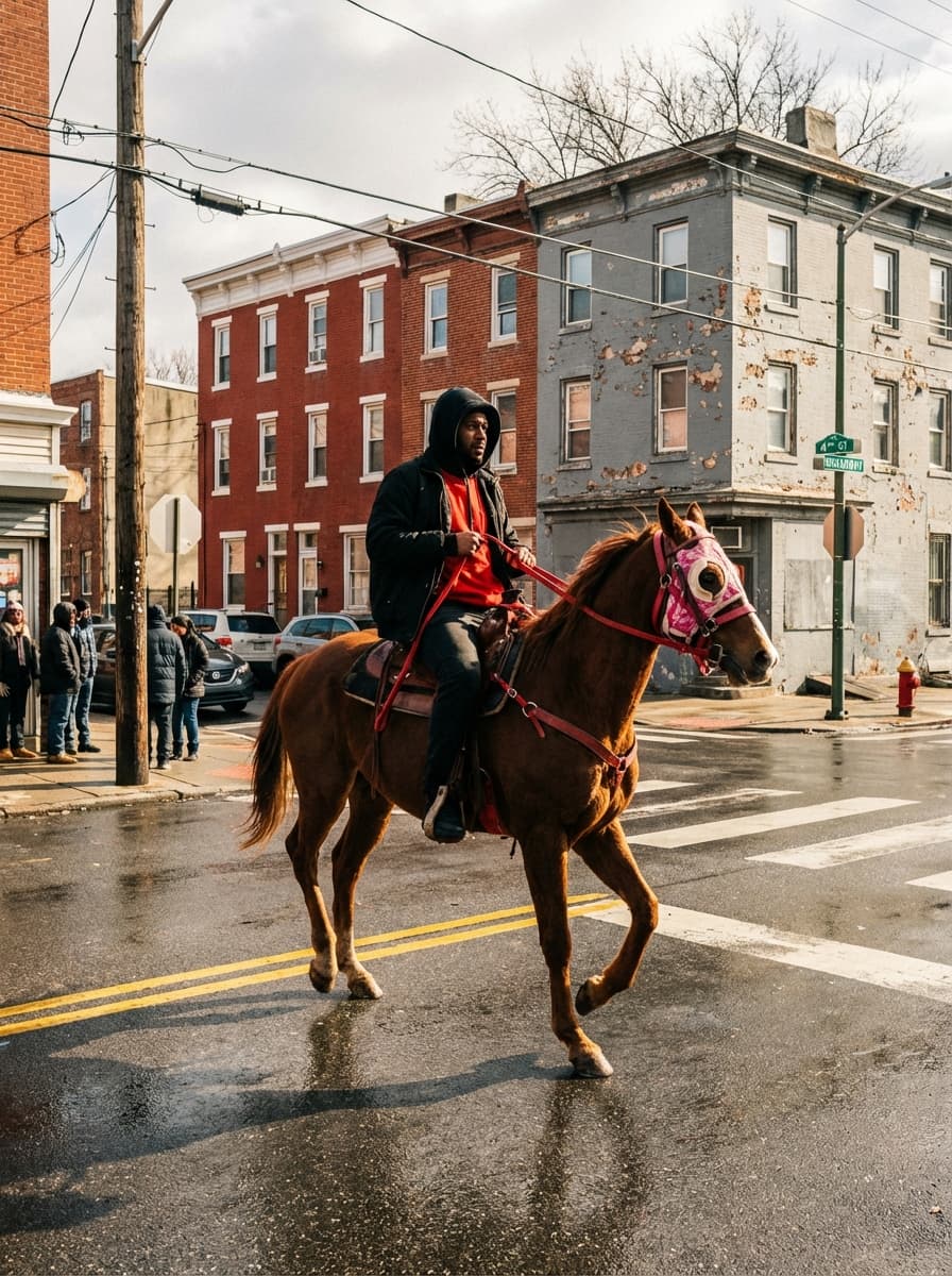 Hyper-realistic photograph, full-frame DSLR, Canon EOS 5D Mark IV, 35mm lens, f/8, 1/800s, ISO 100. A man on a brown horse crosses a wet city street at an intersection. The man sits upright, facing left, holding red reins, wearing a black hooded jacket with the hood up, a red shirt, and dark pants. The horse is mid-stride, front right leg raised, body angled left, with a pink and white face covering and a red bridle. Captured from a street-level perspective, slight distance, rider and horse centered slightly right. In the background, worn urban row houses: a red brick building with white trim on the left, a gray weathered corner building with peeling paint behind the rider. A green street sign is on the gray building's corner. Several people stand on the sidewalk to the far left near a storefront, partially turned towards the street. Parked cars line the curb behind them. A wooden utility pole with visible wires is near the left frame. The wet pavement reflects light slightly, with double yellow lines horizontally across the foreground. A fire hydrant is near the corner on the right. Overcast but bright sky, bare tree branches above buildings. Hard, direct midday sunlight from camera-right, sharp shadows, high contrast. Clean, slightly warm color science. Extremely sharp, strong micro-contrast, minimal grain. Slightly imperfect candid framing.