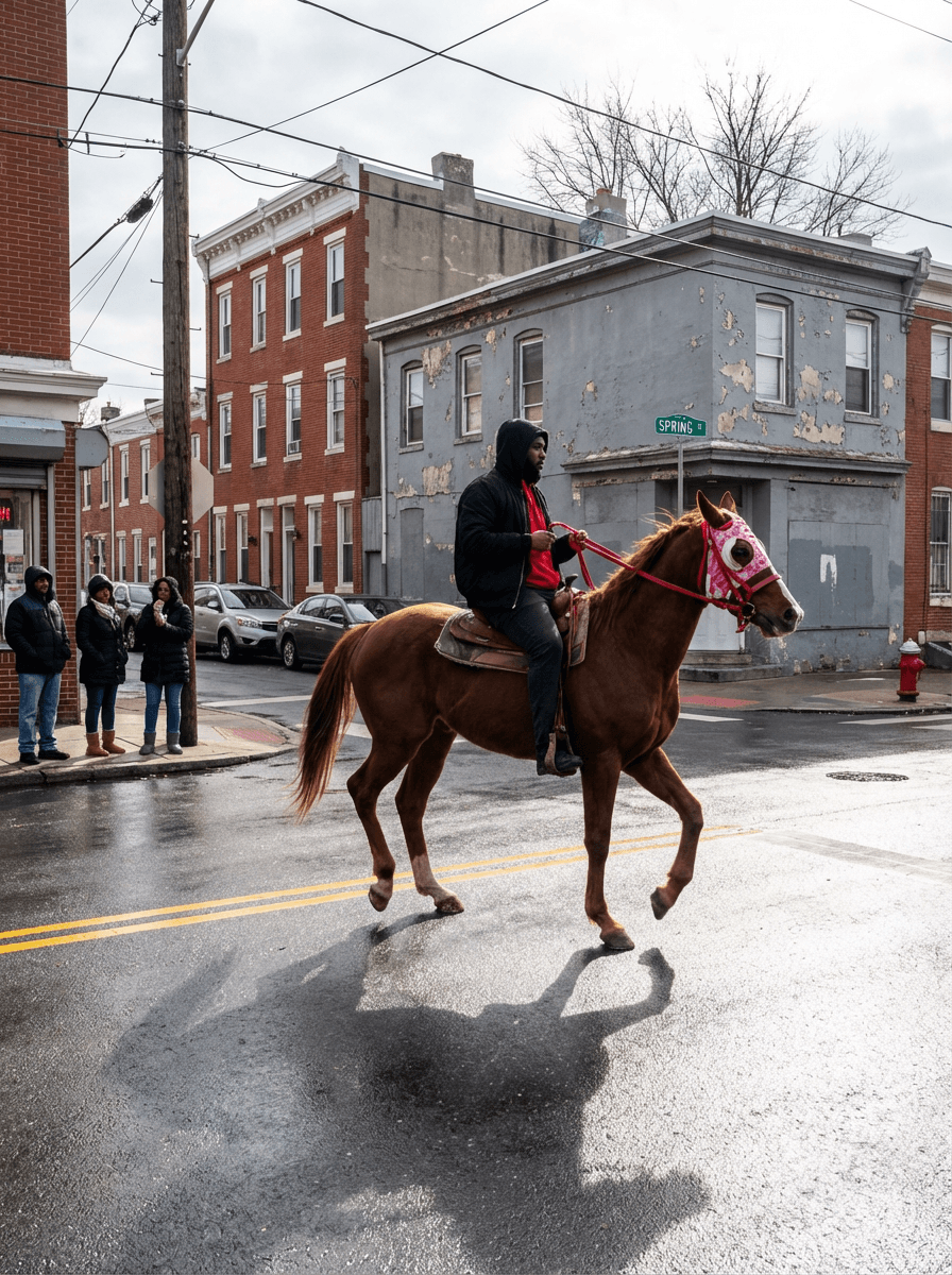 Hyper-realistic photograph, full-frame DSLR, Canon EOS 5D Mark IV, 35mm lens, f/8, 1/800s, ISO 100. A man on a brown horse crosses a wet city street at an intersection. The man sits upright, facing left, holding red reins, wearing a black hooded jacket with the hood up, a red shirt, and dark pants. The horse is mid-stride, front right leg raised, body angled left, with a pink and white face covering and a red bridle. Captured from a street-level perspective, slight distance, rider and horse centered slightly right. In the background, worn urban row houses: a red brick building with white trim on the left, a gray weathered corner building with peeling paint behind the rider. A green street sign is on the gray building's corner. Several people stand on the sidewalk to the far left near a storefront, partially turned towards the street. Parked cars line the curb behind them. A wooden utility pole with visible wires is near the left frame. The wet pavement reflects light slightly, with double yellow lines horizontally across the foreground. A fire hydrant is near the corner on the right. Overcast but bright sky, bare tree branches above buildings. Hard, direct midday sunlight from camera-right, sharp shadows, high contrast. Clean, slightly warm color science. Extremely sharp, strong micro-contrast, minimal grain. Slightly imperfect candid framing.