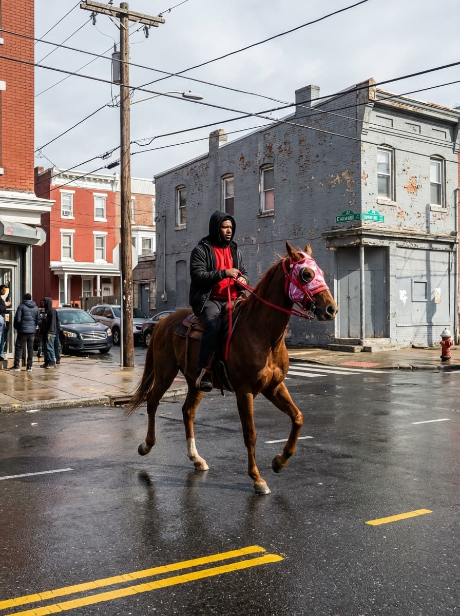 
A man riding a brown horse crosses a wet city street at an intersection. The man is seated upright on the horse, facing left, holding red reins. He wears a black hooded jacket with the hood up, a red shirt underneath, and dark pants. The horse is mid-step with its front right leg raised, its body angled left. The horse has a pink and white face covering and a red bridle. The scene is captured from a street-level perspective at a slight distance, framing the rider and horse centered slightly right of the image.

In the background, there are worn urban row houses: a red brick building with white trim on the left and a gray, weathered corner building with peeling paint directly behind the rider. A green street sign is mounted on the corner of the gray building. Several people stand on the sidewalk to the far left near a storefront, partially turned toward the street. Parked cars line the curb behind them. A wooden utility pole stands near the left side of the frame with visible wires stretching overhead. The pavement is wet, reflecting light slightly, with double yellow lines running horizontally across the foreground. A fire hydrant sits near the corner on the right side. The sky is overcast but bright, with bare tree branches visible above the buildings.

Shot on a full-frame DSLR (Canon EOS 5D Mark IV), 35mm lens, aperture f/8, shutter speed 1/800, ISO 100.

Hard, direct midday sunlight from camera-right creating sharp shadows and high contrast. Clean, slightly warm color science. Extremely sharp with strong micro-contrast and minimal grain. Slightly imperfect candid framing.

no flash, no cinematic lighting, no soft light, no HDR, no glow, no bloom, no film look, no stylization, no depth-of-field blur