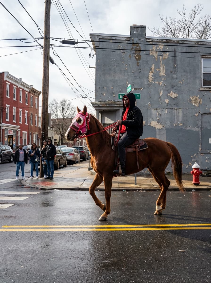 A man riding a brown horse crosses a wet city street at an intersection. The man is seated upright on the horse, facing left, holding red reins. He wears a black hooded jacket with the hood up, a red shirt underneath, and dark pants. The horse is mid-step with its front right leg raised, its body angled left. The horse has a pink and white face covering and a red bridle. The scene is captured from a street-level perspective at a slight distance, framing the rider and horse centered slightly right of the image.
In the background, there are worn urban row houses: a red brick building with white trim on the left and a gray, weathered corner building with peeling paint directly behind the rider. A green street sign is mounted on the corner of the gray building. Several people stand on the sidewalk to the far left near a storefront, partially turned toward the street. Parked cars line the curb behind them. A wooden utility pole stands near the left side of the frame with visible wires stretching overhead. The pavement is wet, reflecting light slightly, with double yellow lines running horizontally across the foreground. A fire hydrant sits near the corner on the right side. The sky is overcast but bright, with bare tree branches visible above the buildings.
Shot on a full-frame DSLR (Canon EOS 5D Mark IV), 35mm lens, aperture f/8, shutter speed 1/800, ISO 100.
Hard, direct midday sunlight from camera-right creating sharp shadows and high contrast. Clean, slightly warm color science. Extremely sharp with strong micro-contrast and minimal grain. Slightly imperfect candid framing.
no flash, no cinematic lighting, no soft light, no HDR, no glow, no bloom, no film look, no stylization, no depth-of-field blur