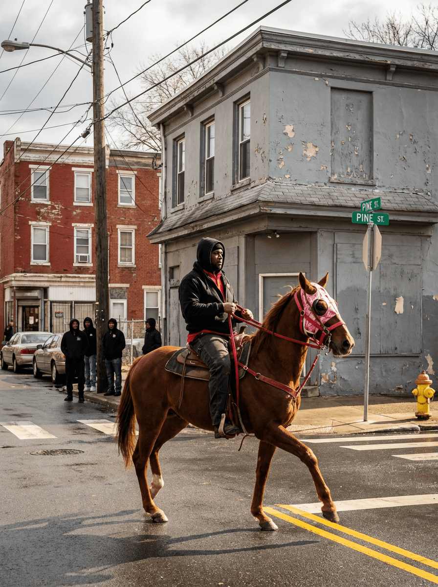 
A man riding a brown horse crosses a wet city street at an intersection. The man is seated upright on the horse, facing left, holding red reins. He wears a black hooded jacket with the hood up, a red shirt underneath, and dark pants. The horse is mid-step with its front right leg raised, its body angled left. The horse has a pink and white face covering and a red bridle. The scene is captured from a street-level perspective at a slight distance, framing the rider and horse centered slightly right of the image.

In the background, there are worn urban row houses: a red brick building with white trim on the left and a gray, weathered corner building with peeling paint directly behind the rider. A green street sign is mounted on the corner of the gray building. Several people stand on the sidewalk to the far left near a storefront, partially turned toward the street. Parked cars line the curb behind them. A wooden utility pole stands near the left side of the frame with visible wires stretching overhead. The pavement is wet, reflecting light slightly, with double yellow lines running horizontally across the foreground. A fire hydrant sits near the corner on the right side. The sky is overcast but bright, with bare tree branches visible above the buildings.

Shot on a full-frame DSLR (Canon EOS 5D Mark IV), 35mm lens, aperture f/8, shutter speed 1/800, ISO 100.

Hard, direct midday sunlight from camera-right creating sharp shadows and high contrast. Clean, slightly warm color science. Extremely sharp with strong micro-contrast and minimal grain. Slightly imperfect candid framing.

no flash, no cinematic lighting, no soft light, no HDR, no glow, no bloom, no film look, no stylization, no depth-of-field blur