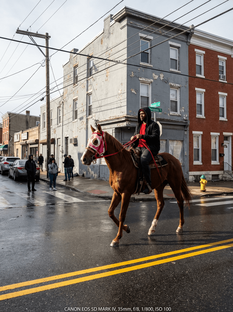 A man riding a brown horse crosses a wet city street at an intersection. The man is seated upright on the horse, facing left, holding red reins. He wears a black hooded jacket with the hood up, a red shirt underneath, and dark pants. The horse is mid-step with its front right leg raised, its body angled left. The horse has a pink and white face covering and a red bridle. The scene is captured from a street-level perspective at a slight distance, framing the rider and horse centered slightly right of the image.
In the background, there are worn urban row houses: a red brick building with white trim on the left and a gray, weathered corner building with peeling paint directly behind the rider. A green street sign is mounted on the corner of the gray building. Several people stand on the sidewalk to the far left near a storefront, partially turned toward the street. Parked cars line the curb behind them. A wooden utility pole stands near the left side of the frame with visible wires stretching overhead. The pavement is wet, reflecting light slightly, with double yellow lines running horizontally across the foreground. A fire hydrant sits near the corner on the right side. The sky is overcast but bright, with bare tree branches visible above the buildings.
Shot on a full-frame DSLR (Canon EOS 5D Mark IV), 35mm lens, aperture f/8, shutter speed 1/800, ISO 100.
Hard, direct midday sunlight from camera-right creating sharp shadows and high contrast. Clean, slightly warm color science. Extremely sharp with strong micro-contrast and minimal grain. Slightly imperfect candid framing.
no flash, no cinematic lighting, no soft light, no HDR, no glow, no bloom, no film look, no stylization, no depth-of-field blur