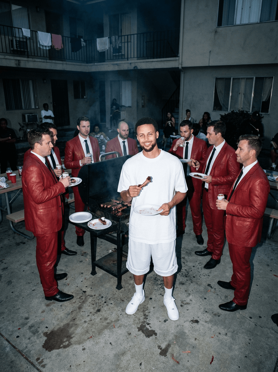 
Ultra-realistic direct flash editorial photography.

Shot on a full-frame DSLR (Canon EOS 5D Mark III / Mark IV), 24–35mm lens, aperture f/4–f/5.6, shutter speed 1/125–1/200, ISO 400–800.

Direct on-camera hot-shoe flash with no diffusion. Flash is overpowering and frontal, dominating the exposure. Hard-edged shadows fall directly behind the subject with minimal light wrap. Highlights are strong and slightly clipped, especially on bright surfaces, creating sharp specular reflections.

Ambient light is underexposed, creating a dark, muted background while the foreground is brightly illuminated by flash. Mixed lighting environment (low ambient dusk + harsh flash).

Color grading features cool-neutral white balance with a slight blue cast. Background tones are desaturated and subdued, while flash-lit areas appear more neutral and slightly flat. Contrast is high with crushed blacks, lifted midtones from flash, and pushed highlights.

No cinematic LUT. Raw DSLR color science with a gritty, unpolished digital look. Slight resemblance to early paparazzi/editorial flash photography.

Fine digital noise consistent with ISO 400–800. No film grain. Foreground is tack sharp due to flash freeze, while background detail falls off slightly. Dynamic range is compressed with limited shadow detail and bright highlight roll-off.

Shot with a slightly low angle and mild wide-angle perspective distortion. Medium-wide framing with strong subject separation from background. Moderate depth of field (not shallow). Handheld feel with flash freezing motion.

Maintain exact lighting behavior, color response, contrast curve, and flash intensity. Do not soften shadows or reduce highlight intensity.

SUBJECT:  steph curry is wearing white oversized backetball shorts and an oversized t shirt and 8 white people in red leather business suits
ENVIRONMENT:  a bbq cookout in a low income apartment complex 
