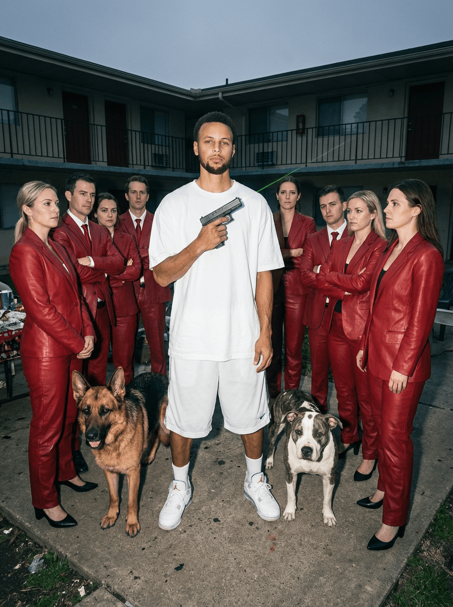 
Ultra-realistic direct flash editorial photography.

Shot on a full-frame DSLR (Canon EOS 5D Mark III / Mark IV), 24–35mm lens, aperture f/4–f/5.6, shutter speed 1/125–1/200, ISO 400–800.

Direct on-camera hot-shoe flash with no diffusion. Flash is overpowering and frontal, dominating the exposure. Hard-edged shadows fall directly behind the subject with minimal light wrap. Highlights are strong and slightly clipped, especially on bright surfaces, creating sharp specular reflections.

Ambient light is underexposed, creating a dark, muted background while the foreground is brightly illuminated by flash. Mixed lighting environment (low ambient dusk + harsh flash).

Color grading features cool-neutral white balance with a slight blue cast. Background tones are desaturated and subdued, while flash-lit areas appear more neutral and slightly flat. Contrast is high with crushed blacks, lifted midtones from flash, and pushed highlights.

No cinematic LUT. Raw DSLR color science with a gritty, unpolished digital look. Slight resemblance to early paparazzi/editorial flash photography.

Fine digital noise consistent with ISO 400–800. No film grain. Foreground is tack sharp due to flash freeze, while background detail falls off slightly. Dynamic range is compressed with limited shadow detail and bright highlight roll-off.

Shot with a slightly low angle and mild wide-angle perspective distortion. Medium-wide framing with strong subject separation from background. Moderate depth of field (not shallow). Handheld feel with flash freezing motion.

Maintain exact lighting behavior, color response, contrast curve, and flash intensity. Do not soften shadows or reduce highlight intensity.

SUBJECT:  steph curry is wearing white oversized backetball shorts and an oversized t shirt and 8 white people in red leather business suits
ENVIRONMENT:  a bbq cookout in a low income apartment complex 