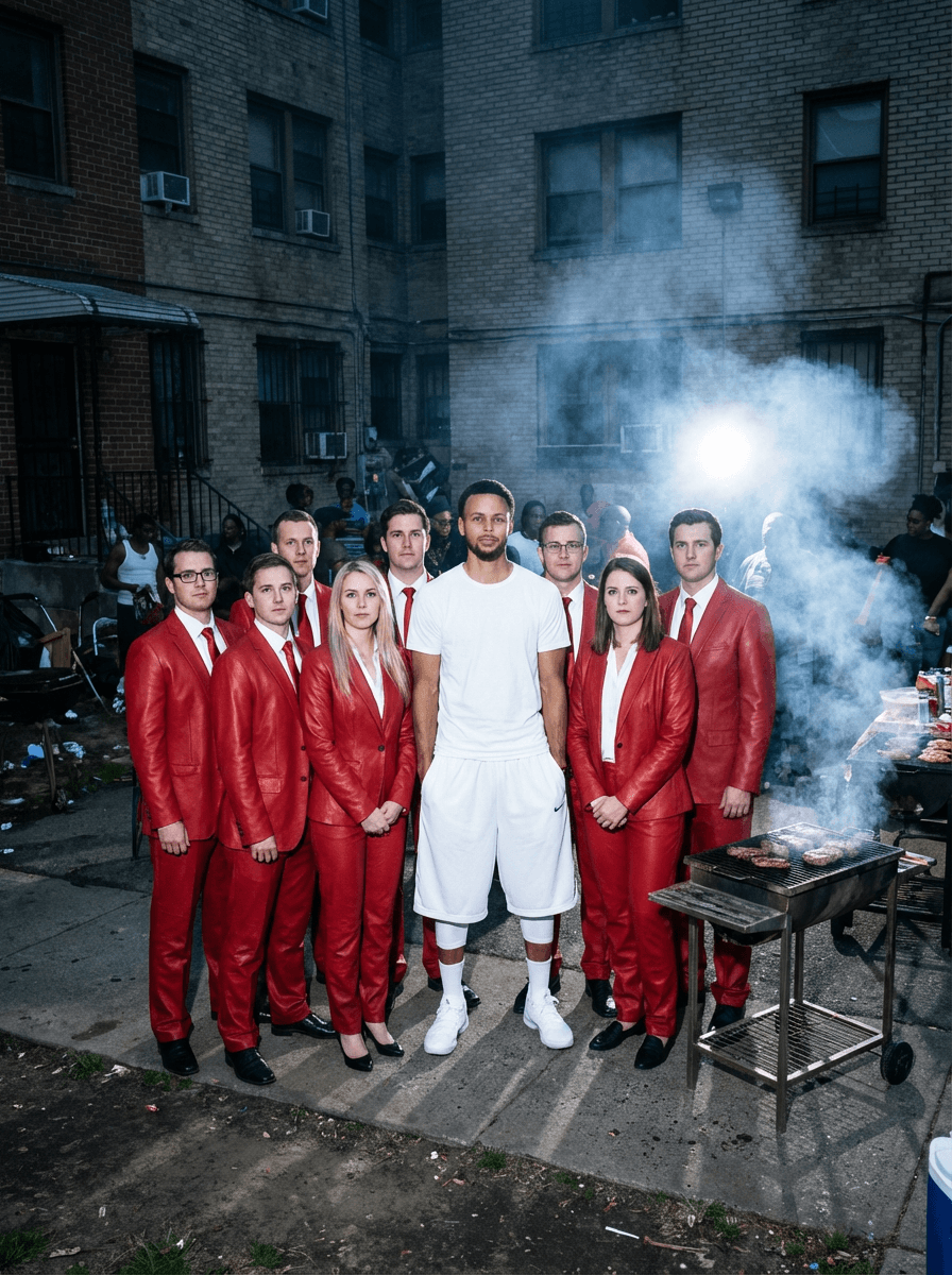 
Ultra-realistic direct flash editorial photography.

Shot on a full-frame DSLR (Canon EOS 5D Mark III / Mark IV), 24–35mm lens, aperture f/4–f/5.6, shutter speed 1/125–1/200, ISO 400–800.

Direct on-camera hot-shoe flash with no diffusion. Flash is overpowering and frontal, dominating the exposure. Hard-edged shadows fall directly behind the subject with minimal light wrap. Highlights are strong and slightly clipped, especially on bright surfaces, creating sharp specular reflections.

Ambient light is underexposed, creating a dark, muted background while the foreground is brightly illuminated by flash. Mixed lighting environment (low ambient dusk + harsh flash).

Color grading features cool-neutral white balance with a slight blue cast. Background tones are desaturated and subdued, while flash-lit areas appear more neutral and slightly flat. Contrast is high with crushed blacks, lifted midtones from flash, and pushed highlights.

No cinematic LUT. Raw DSLR color science with a gritty, unpolished digital look. Slight resemblance to early paparazzi/editorial flash photography.

Fine digital noise consistent with ISO 400–800. No film grain. Foreground is tack sharp due to flash freeze, while background detail falls off slightly. Dynamic range is compressed with limited shadow detail and bright highlight roll-off.

Shot with a slightly low angle and mild wide-angle perspective distortion. Medium-wide framing with strong subject separation from background. Moderate depth of field (not shallow). Handheld feel with flash freezing motion.

Maintain exact lighting behavior, color response, contrast curve, and flash intensity. Do not soften shadows or reduce highlight intensity.

SUBJECT:  steph curry is wearing white oversized backetball shorts and an oversized t shirt and 8 white people in red leather business suits
ENVIRONMENT:  a bbq cookout in a low income apartment complex 