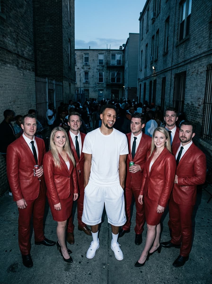 
Ultra-realistic direct flash editorial photography.

Shot on a full-frame DSLR (Canon EOS 5D Mark III / Mark IV), 24–35mm lens, aperture f/4–f/5.6, shutter speed 1/125–1/200, ISO 400–800.

Direct on-camera hot-shoe flash with no diffusion. Flash is overpowering and frontal, dominating the exposure. Hard-edged shadows fall directly behind the subject with minimal light wrap. Highlights are strong and slightly clipped, especially on bright surfaces, creating sharp specular reflections.

Ambient light is underexposed, creating a dark, muted background while the foreground is brightly illuminated by flash. Mixed lighting environment (low ambient dusk + harsh flash).

Color grading features cool-neutral white balance with a slight blue cast. Background tones are desaturated and subdued, while flash-lit areas appear more neutral and slightly flat. Contrast is high with crushed blacks, lifted midtones from flash, and pushed highlights.

No cinematic LUT. Raw DSLR color science with a gritty, unpolished digital look. Slight resemblance to early paparazzi/editorial flash photography.

Fine digital noise consistent with ISO 400–800. No film grain. Foreground is tack sharp due to flash freeze, while background detail falls off slightly. Dynamic range is compressed with limited shadow detail and bright highlight roll-off.

Shot with a slightly low angle and mild wide-angle perspective distortion. Medium-wide framing with strong subject separation from background. Moderate depth of field (not shallow). Handheld feel with flash freezing motion.

Maintain exact lighting behavior, color response, contrast curve, and flash intensity. Do not soften shadows or reduce highlight intensity.

SUBJECT:  steph curry is wearing white oversized backetball shorts and an oversized t shirt and 8 white people in red leather business suits
ENVIRONMENT:  a bbq cookout in a low income apartment complex 