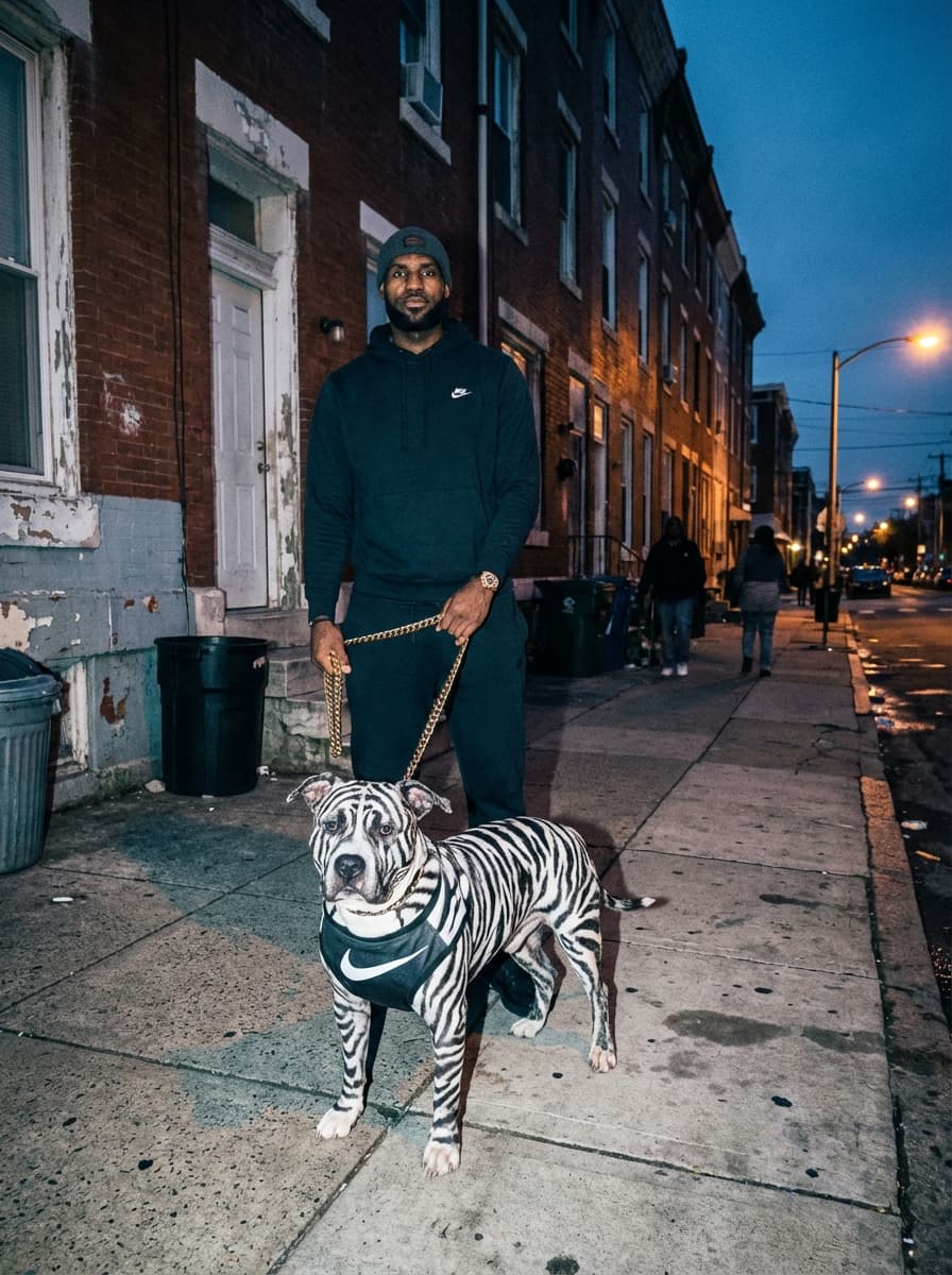 
Ultra-realistic direct flash street photography with gritty urban rendering.

Shot on a full-frame DSLR (Canon EOS 5D Mark IV / Nikon D850 equivalent), 28–35mm lens, aperture f/5.6–f/7.1, shutter speed 1/125–1/160, ISO 500–800.

Direct on-camera hot-shoe flash with no diffusion. Flash is strong and frontal but slightly more balanced than overpowering, creating crisp illumination on the foreground while still allowing some ambient detail to remain visible. Hard shadows fall directly behind subjects with sharp edges and minimal softness.

Ambient light is low (early evening/blue hour), but not fully suppressed. Background retains moderate exposure, giving visible environmental detail while still darker than the flash-lit foreground. Mixed lighting scenario (cool ambient + neutral flash).

Highlights are controlled but still punchy, with mild specular reflection on glossy surfaces. No extreme clipping, but bright areas are pushed. Light falloff is noticeable but not aggressive.

Color grading features a cool-neutral base with slight cyan/blue bias in shadows. Urban tones are slightly desaturated, while flash-lit areas remain neutral to slightly warm. Contrast curve includes moderately crushed blacks, lifted midtones, and controlled highlights.

Color profile resembles Canon digital color science with slight editorial grading — subtle cinematic influence but still grounded in raw flash realism. No heavy LUT, minimal stylization.

Fine digital grain consistent with ISO 500–800. Clean image with slight sensor noise. Foreground is very sharp due to flash freeze, background maintains moderate clarity with slight natural softness.

Dynamic range is moderately compressed — shadows slightly crushed, highlights contained but bright.

Shot at eye-level with slight wide-angle perspective distortion (28–35mm). Medium framing with strong foreground emphasis. Moderate depth of field with most elements in focus. Handheld feel with flash freezing motion and stabilizing the scene.

Maintain exact flash intensity, shadow hardness, color balance, and contrast behavior. Do not soften lighting or introduce cinematic diffusion.

SUBJECT:  lebron james with a pittbull on a 24k gold chain, the pit bull has zebra print fur and a white nike logo on his torso taking up his full torso in white fur. Everywhere on his body is zebra print except the nike logo.
ENVIRONMENT:  low income apartments in philadelphia 