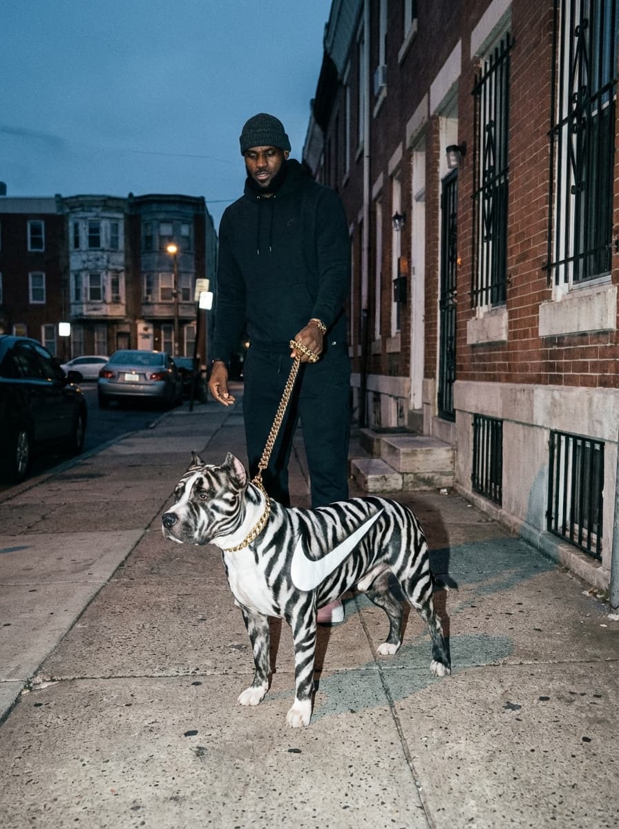 Ultra-realistic direct flash street photography with gritty urban rendering.
Shot on a full-frame DSLR (Canon EOS 5D Mark IV / Nikon D850 equivalent), 28–35mm lens, aperture f/5.6–f/7.1, shutter speed 1/125–1/160, ISO 500–800.
Direct on-camera hot-shoe flash with no diffusion. Flash is strong and frontal but slightly more balanced than overpowering, creating crisp illumination on the foreground while still allowing some ambient detail to remain visible. Hard shadows fall directly behind subjects with sharp edges and minimal softness.
Ambient light is low (early evening/blue hour), but not fully suppressed. Background retains moderate exposure, giving visible environmental detail while still darker than the flash-lit foreground. Mixed lighting scenario (cool ambient + neutral flash).
Highlights are controlled but still punchy, with mild specular reflection on glossy surfaces. No extreme clipping, but bright areas are pushed. Light falloff is noticeable but not aggressive.
Color grading features a cool-neutral base with slight cyan/blue bias in shadows. Urban tones are slightly desaturated, while flash-lit areas remain neutral to slightly warm. Contrast curve includes moderately crushed blacks, lifted midtones, and controlled highlights.
Color profile resembles Canon digital color science with slight editorial grading — subtle cinematic influence but still grounded in raw flash realism. No heavy LUT, minimal stylization.
Fine digital grain consistent with ISO 500–800. Clean image with slight sensor noise. Foreground is very sharp due to flash freeze, background maintains moderate clarity with slight natural softness.
Dynamic range is moderately compressed — shadows slightly crushed, highlights contained but bright.
Shot at eye-level with slight wide-angle perspective distortion (28–35mm). Medium framing with strong foreground emphasis. Moderate depth of field with most elements in focus. Handheld feel with flash freezing motion and stabilizing the scene.
Maintain exact flash intensity, shadow hardness, color balance, and contrast behavior. Do not soften lighting or introduce cinematic diffusion.
SUBJECT: lebron james with a pittbull on a 24k gold chain, the pit bull has zebra print fur and a white nike logo on his torso taking up his full torso in white fur. Everywhere on his body is zebra print except the nike logo.
ENVIRONMENT: low income apartments in philadelphia