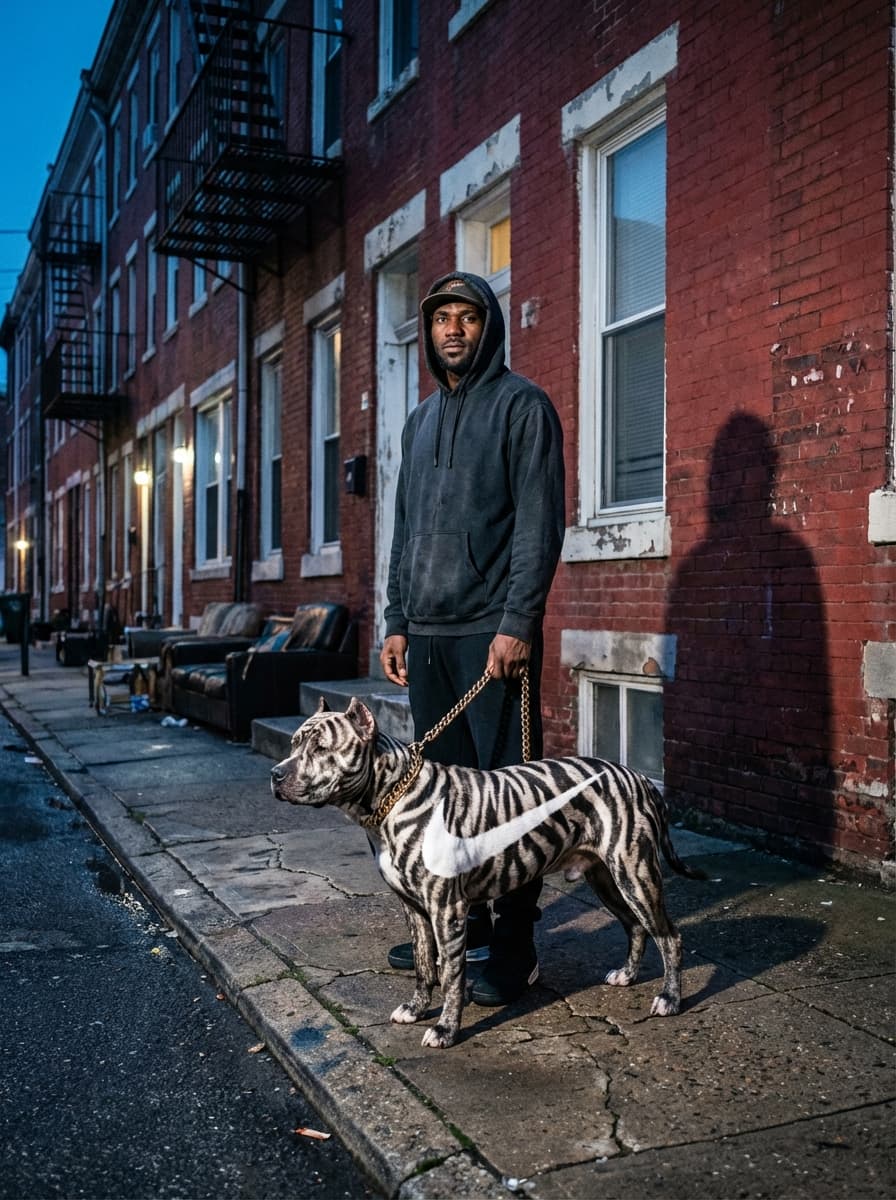 Ultra-realistic direct flash street photography with gritty urban rendering.
Shot on a full-frame DSLR (Canon EOS 5D Mark IV / Nikon D850 equivalent), 28–35mm lens, aperture f/5.6–f/7.1, shutter speed 1/125–1/160, ISO 500–800.
Direct on-camera hot-shoe flash with no diffusion. Flash is strong and frontal but slightly more balanced than overpowering, creating crisp illumination on the foreground while still allowing some ambient detail to remain visible. Hard shadows fall directly behind subjects with sharp edges and minimal softness.
Ambient light is low (early evening/blue hour), but not fully suppressed. Background retains moderate exposure, giving visible environmental detail while still darker than the flash-lit foreground. Mixed lighting scenario (cool ambient + neutral flash).
Highlights are controlled but still punchy, with mild specular reflection on glossy surfaces. No extreme clipping, but bright areas are pushed. Light falloff is noticeable but not aggressive.
Color grading features a cool-neutral base with slight cyan/blue bias in shadows. Urban tones are slightly desaturated, while flash-lit areas remain neutral to slightly warm. Contrast curve includes moderately crushed blacks, lifted midtones, and controlled highlights.
Color profile resembles Canon digital color science with slight editorial grading — subtle cinematic influence but still grounded in raw flash realism. No heavy LUT, minimal stylization.
Fine digital grain consistent with ISO 500–800. Clean image with slight sensor noise. Foreground is very sharp due to flash freeze, background maintains moderate clarity with slight natural softness.
Dynamic range is moderately compressed — shadows slightly crushed, highlights contained but bright.
Shot at eye-level with slight wide-angle perspective distortion (28–35mm). Medium framing with strong foreground emphasis. Moderate depth of field with most elements in focus. Handheld feel with flash freezing motion and stabilizing the scene.
Maintain exact flash intensity, shadow hardness, color balance, and contrast behavior. Do not soften lighting or introduce cinematic diffusion.
SUBJECT: lebron james with a pittbull on a 24k gold chain, the pit bull has zebra print fur and a white nike logo on his torso taking up his full torso in white fur. Everywhere on his body is zebra print except the nike logo.
ENVIRONMENT: low income apartments in philadelphia
