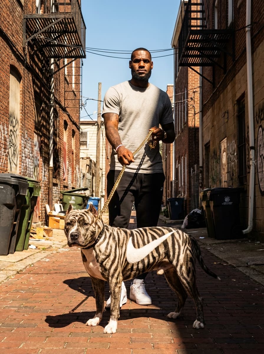 Ultra-realistic harsh daylight editorial photography with high-contrast natural lighting.
Shot on a full-frame DSLR or mirrorless (Canon EOS R5 / Sony A7R IV equivalent), 35–50mm lens, aperture f/6.3–f/8, shutter speed 1/800–1/1600, ISO 100–200.
Natural light only. No flash. Strong, direct sunlight from a high angle (top-left orientation), producing very hard-edged shadows with sharp, defined outlines. Light is unmodified and intense, creating high contrast between illuminated areas and shadow regions.
Shadows are deep and crisp with abrupt transitions. Minimal shadow detail retention due to strong directional light. Highlight behavior is bright but controlled, with slight specular reflections on smooth surfaces. No bloom — highlights are tight and clean.
Color grading features a warm-neutral white balance with subtle yellow/orange bias from direct sunlight. Overall tones lean slightly warm, especially in highlights, while shadows remain neutral to slightly cool.
Contrast curve is strong:
- Blacks moderately crushed
- Midtones clean and well-separated
- Highlights bright and slightly pushed but not clipped
Saturation is natural but slightly elevated due to sunlight intensity. Colors feel clean, grounded, and realistic with no heavy stylization. No cinematic LUT — true-to-life digital color rendering.
Skin tone rendering (lighting behavior only): high-contrast with strong highlight shaping and visible shadow contouring due to directional sun.
Image is extremely sharp with high micro-contrast. Fine detail rendering is crisp across the frame. No noticeable noise (low ISO). No film grain — clean digital output.
Dynamic range is moderately high but constrained by harsh lighting — shadows drop off quickly while highlights remain controlled.
Shot at eye-level with slight natural perspective compression (35–50mm range). Medium-tight framing with strong subject prominence. Deep depth of field with most elements in focus.
No motion blur. Fast shutter freezes all movement. Clean, stable handheld or lightly stabilized feel.
Maintain exact harsh sunlight behavior, shadow sharpness, contrast intensity, and natural color response. Do not soften light or introduce diffusion.
SUBJECT: lebron james with a pittbull on a 24k gold chain, the pit bull has zebra print fur and a white nike logo on his torso taking up his full torso in white fur. Everywhere on his body is zebra print except the nike logo.
ENVIRONMENT: alley way in low income apartments in philadelphia