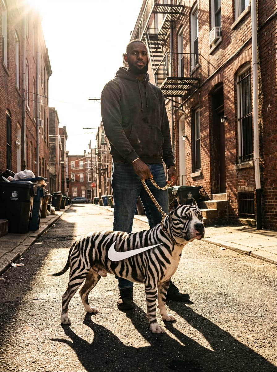 Ultra-realistic harsh daylight editorial photography with high-contrast natural lighting.

Shot on a full-frame DSLR or mirrorless (Canon EOS R5 / Sony A7R IV equivalent), 35–50mm lens, aperture f/6.3–f/8, shutter speed 1/800–1/1600, ISO 100–200.

Natural light only. No flash. Strong, direct sunlight from a high angle (top-left orientation), producing very hard-edged shadows with sharp, defined outlines. Light is unmodified and intense, creating high contrast between illuminated areas and shadow regions.

Shadows are deep and crisp with abrupt transitions. Minimal shadow detail retention due to strong directional light. Highlight behavior is bright but controlled, with slight specular reflections on smooth surfaces. No bloom — highlights are tight and clean.

Color grading features a warm-neutral white balance with subtle yellow/orange bias from direct sunlight. Overall tones lean slightly warm, especially in highlights, while shadows remain neutral to slightly cool.

Contrast curve is strong:
- Blacks moderately crushed
- Midtones clean and well-separated
- Highlights bright and slightly pushed but not clipped

Saturation is natural but slightly elevated due to sunlight intensity. Colors feel clean, grounded, and realistic with no heavy stylization. No cinematic LUT — true-to-life digital color rendering.

Skin tone rendering (lighting behavior only): high-contrast with strong highlight shaping and visible shadow contouring due to directional sun.

Image is extremely sharp with high micro-contrast. Fine detail rendering is crisp across the frame. No noticeable noise (low ISO). No film grain — clean digital output.

Dynamic range is moderately high but constrained by harsh lighting — shadows drop off quickly while highlights remain controlled.

Shot at eye-level with slight natural perspective compression (35–50mm range). Medium-tight framing with strong subject prominence. Deep depth of field with most elements in focus.

No motion blur. Fast shutter freezes all movement. Clean, stable handheld or lightly stabilized feel.

Maintain exact harsh sunlight behavior, shadow sharpness, contrast intensity, and natural color response. Do not soften light or introduce diffusion.

SUBJECT:  lebron james with a pittbull on a 24k gold chain, the pit bull has zebra print fur and a white nike logo on his torso taking up his full torso in white fur. Everywhere on his body is zebra print except the nike logo.
ENVIRONMENT:  alley way in low income apartments in philadelphia 