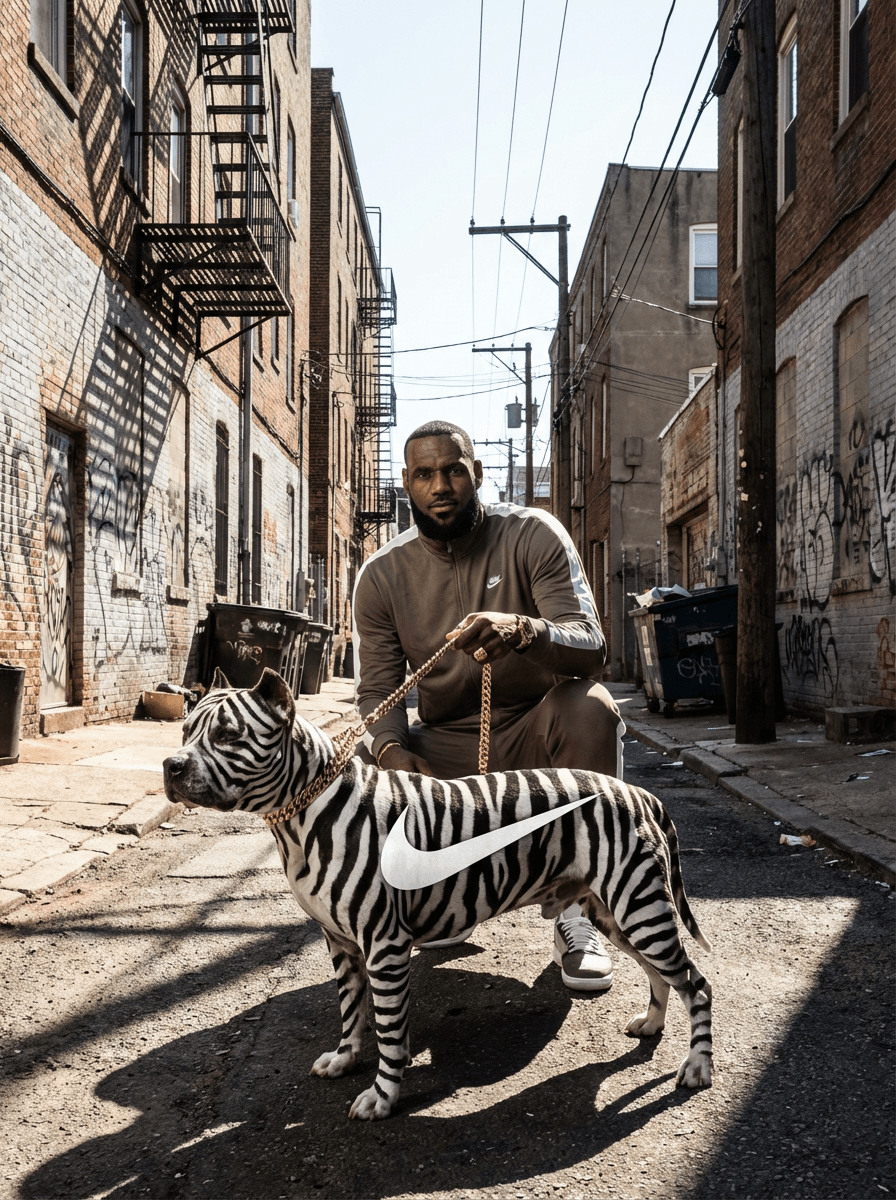 Ultra-realistic harsh daylight editorial photography with high-contrast natural lighting.

Shot on a full-frame DSLR or mirrorless (Canon EOS R5 / Sony A7R IV equivalent), 35–50mm lens, aperture f/6.3–f/8, shutter speed 1/800–1/1600, ISO 100–200.

Natural light only. No flash. Strong, direct sunlight from a high angle (top-left orientation), producing very hard-edged shadows with sharp, defined outlines. Light is unmodified and intense, creating high contrast between illuminated areas and shadow regions.

Shadows are deep and crisp with abrupt transitions. Minimal shadow detail retention due to strong directional light. Highlight behavior is bright but controlled, with slight specular reflections on smooth surfaces. No bloom — highlights are tight and clean.

Color grading features a warm-neutral white balance with subtle yellow/orange bias from direct sunlight. Overall tones lean slightly warm, especially in highlights, while shadows remain neutral to slightly cool.

Contrast curve is strong:
- Blacks moderately crushed
- Midtones clean and well-separated
- Highlights bright and slightly pushed but not clipped

Saturation is natural but slightly elevated due to sunlight intensity. Colors feel clean, grounded, and realistic with no heavy stylization. No cinematic LUT — true-to-life digital color rendering.

Skin tone rendering (lighting behavior only): high-contrast with strong highlight shaping and visible shadow contouring due to directional sun.

Image is extremely sharp with high micro-contrast. Fine detail rendering is crisp across the frame. No noticeable noise (low ISO). No film grain — clean digital output.

Dynamic range is moderately high but constrained by harsh lighting — shadows drop off quickly while highlights remain controlled.

Shot at eye-level with slight natural perspective compression (35–50mm range). Medium-tight framing with strong subject prominence. Deep depth of field with most elements in focus.

No motion blur. Fast shutter freezes all movement. Clean, stable handheld or lightly stabilized feel.

Maintain exact harsh sunlight behavior, shadow sharpness, contrast intensity, and natural color response. Do not soften light or introduce diffusion.

SUBJECT:  lebron james with a pittbull on a 24k gold chain, the pit bull has zebra print fur and a white nike logo on his torso taking up his full torso in white fur. Everywhere on his body is zebra print except the nike logo.
ENVIRONMENT:  alley way in low income apartments in philadelphia 