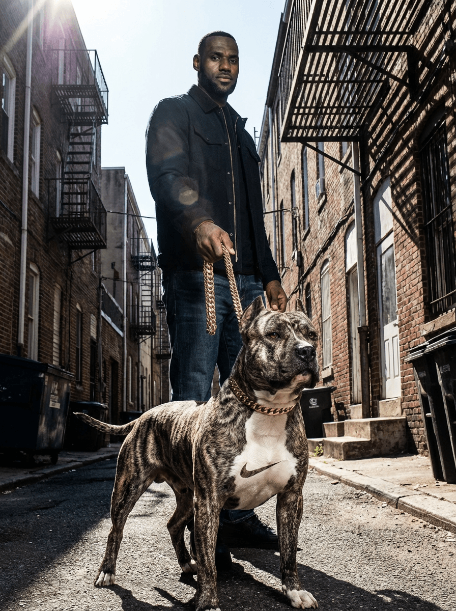 Ultra-realistic harsh daylight editorial photography with high-contrast natural lighting.

Shot on a full-frame DSLR or mirrorless (Canon EOS R5 / Sony A7R IV equivalent), 35–50mm lens, aperture f/6.3–f/8, shutter speed 1/800–1/1600, ISO 100–200.

Natural light only. No flash. Strong, direct sunlight from a high angle (top-left orientation), producing very hard-edged shadows with sharp, defined outlines. Light is unmodified and intense, creating high contrast between illuminated areas and shadow regions.

Shadows are deep and crisp with abrupt transitions. Minimal shadow detail retention due to strong directional light. Highlight behavior is bright but controlled, with slight specular reflections on smooth surfaces. No bloom — highlights are tight and clean.

Color grading features a warm-neutral white balance with subtle yellow/orange bias from direct sunlight. Overall tones lean slightly warm, especially in highlights, while shadows remain neutral to slightly cool.

Contrast curve is strong:
- Blacks moderately crushed
- Midtones clean and well-separated
- Highlights bright and slightly pushed but not clipped

Saturation is natural but slightly elevated due to sunlight intensity. Colors feel clean, grounded, and realistic with no heavy stylization. No cinematic LUT — true-to-life digital color rendering.

Skin tone rendering (lighting behavior only): high-contrast with strong highlight shaping and visible shadow contouring due to directional sun.

Image is extremely sharp with high micro-contrast. Fine detail rendering is crisp across the frame. No noticeable noise (low ISO). No film grain — clean digital output.

Dynamic range is moderately high but constrained by harsh lighting — shadows drop off quickly while highlights remain controlled.

Shot at eye-level with slight natural perspective compression (35–50mm range). Medium-tight framing with strong subject prominence. Deep depth of field with most elements in focus.

No motion blur. Fast shutter freezes all movement. Clean, stable handheld or lightly stabilized feel.

Maintain exact harsh sunlight behavior, shadow sharpness, contrast intensity, and natural color response. Do not soften light or introduce diffusion.

SUBJECT:  lebron james with a pittbull on a 24k gold chain, the pit bull has zebra print fur and a white nike logo on his torso taking up his full torso in white fur. Everywhere on his body is zebra print except the nike logo.
ENVIRONMENT:  alley way in low income apartments in philadelphia 