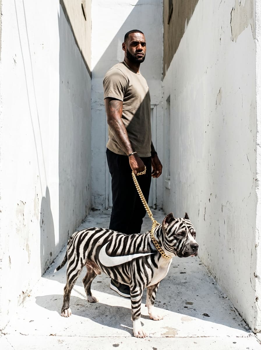 Ultra-realistic harsh daylight editorial photography with high-contrast natural lighting.

Shot on a full-frame DSLR or mirrorless (Canon EOS R5 / Sony A7R IV equivalent), 35–50mm lens, aperture f/6.3–f/8, shutter speed 1/800–1/1600, ISO 100–200.

Natural light only. No flash. Strong, direct sunlight from a high angle (top-left orientation), producing very hard-edged shadows with sharp, defined outlines. Light is unmodified and intense, creating high contrast between illuminated areas and shadow regions.

Shadows are deep and crisp with abrupt transitions. Minimal shadow detail retention due to strong directional light. Highlight behavior is bright but controlled, with slight specular reflections on smooth surfaces. No bloom — highlights are tight and clean.

Color grading features a warm-neutral white balance with subtle yellow/orange bias from direct sunlight. Overall tones lean slightly warm, especially in highlights, while shadows remain neutral to slightly cool.

Contrast curve is strong:
- Blacks moderately crushed
- Midtones clean and well-separated
- Highlights bright and slightly pushed but not clipped

Saturation is natural but slightly elevated due to sunlight intensity. Colors feel clean, grounded, and realistic with no heavy stylization. No cinematic LUT — true-to-life digital color rendering.

Skin tone rendering (lighting behavior only): high-contrast with strong highlight shaping and visible shadow contouring due to directional sun.

Image is extremely sharp with high micro-contrast. Fine detail rendering is crisp across the frame. No noticeable noise (low ISO). No film grain — clean digital output.

Dynamic range is moderately high but constrained by harsh lighting — shadows drop off quickly while highlights remain controlled.

Shot at eye-level with slight natural perspective compression (35–50mm range). Medium-tight framing with strong subject prominence. Deep depth of field with most elements in focus.

No motion blur. Fast shutter freezes all movement. Clean, stable handheld or lightly stabilized feel.

Maintain exact harsh sunlight behavior, shadow sharpness, contrast intensity, and natural color response. Do not soften light or introduce diffusion.

SUBJECT:  lebron james with a pittbull on a 24k gold chain, the pit bull has zebra print fur and a white nike logo on his torso taking up his full torso in white fur. Everywhere on his body is zebra print except the nike logo.
ENVIRONMENT:  all white alley way in low income apartments in philadelphia. the walls are white and the ground is also painted white. Any man made structure in the photo is white.