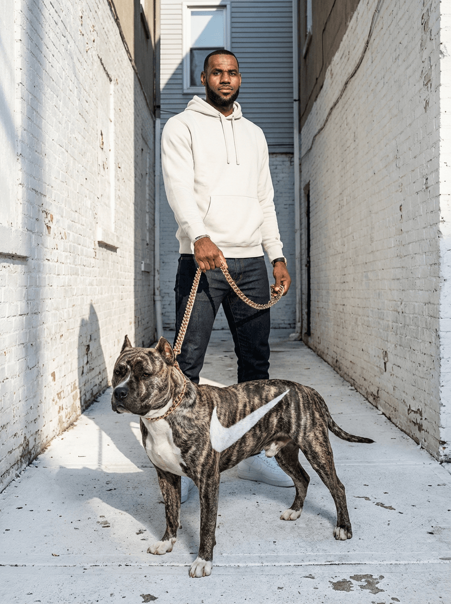 Ultra-realistic editorial photography with mixed natural light and direct flash, high micro-contrast and crisp texture rendering.

Shot on a full-frame DSLR (Canon EOS 5D Mark IV / Nikon D850 equivalent), 50mm lens, aperture f/4–f/5.6, shutter speed 1/160–1/250, ISO 200–400.

Lighting is a mix of strong natural daylight and subtle direct on-camera flash. Flash is not overpowering but adds crispness and specular highlights to the foreground. Natural light provides the base exposure, while flash enhances texture and contrast.

Shadows are moderately hard with defined edges, but not as harsh as pure flash. Direction suggests dominant natural light from one side (camera-left), with flash filling from camera-front. Slight shadow fill reduces harsh contrast while maintaining dimensionality.

Highlights are controlled but glossy, especially on smooth surfaces, with visible specular reflections enhanced by flash. No heavy clipping — highlight roll-off is clean but bright.

Color grading features a slightly warm-neutral white balance with subtle golden tones in highlights and neutral shadows. Colors are rich but not oversaturated. Slight editorial polish with natural color fidelity.

Contrast curve:
- Blacks moderately deep but not fully crushed
- Midtones well-separated and detailed
- Highlights bright with controlled roll-off

Color profile resembles Canon color science with editorial refinement — clean, slightly warm, and balanced.

Fine detail rendering is very sharp with strong micro-contrast. Texture is highly defined across surfaces. Minimal noise (low ISO), no film grain — clean digital output.

Dynamic range is strong, retaining detail in both highlights and shadows while still maintaining contrast.

Shot at eye level with natural perspective (50mm). Minimal distortion. Medium framing with balanced composition. Depth of field is moderate — background slightly softened but still readable.

Motion is frozen cleanly with no blur. Image feels stable and precise, likely handheld with flash aiding sharpness.

Maintain exact balance between natural light and flash fill, preserve micro-contrast, highlight gloss, and clean editorial color rendering. Do not soften textures or reduce sharpness.

SUBJECT:  lebron james with a pittbull on a 24k gold chain, the pit bull has zebra print fur and a white nike logo on his torso taking up his full torso in white fur. Everywhere on his body is zebra print except the nike logo.
ENVIRONMENT:  all white alley way in low income apartments in philadelphia. the walls are white and the ground is also painted white. Any man made structure in the photo is white.