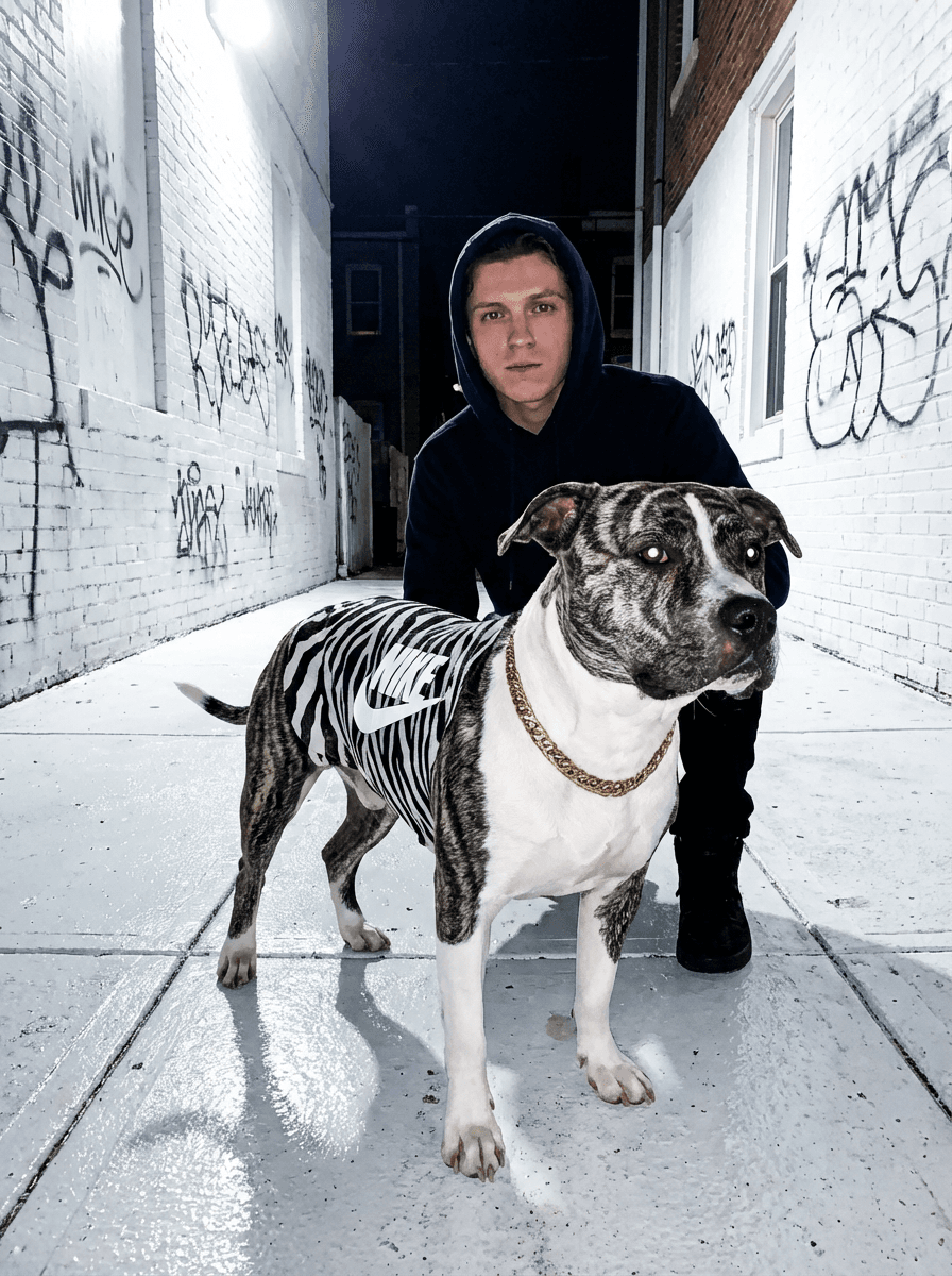 Ultra-realistic nighttime direct flash photography with high contrast and reflective surface emphasis.

Shot on a full-frame DSLR (Canon EOS 5D Mark IV / Nikon D850 equivalent), 28–35mm lens, aperture f/5–f/6.3, shutter speed 1/125–1/200, ISO 400–800.

Direct on-camera hot-shoe flash with no diffusion. Flash is strong and dominant, fully controlling foreground exposure. Ambient light is minimal and heavily underexposed, creating a stark separation between illuminated foreground and dark background.

Lighting is frontal and slightly top-biased, producing hard-edged shadows with sharp falloff. Shadows are deep and abrupt with little to no gradient. Flash creates intense specular highlights, especially on reflective and metallic surfaces, with visible highlight hotspots and slight clipping in brightest areas.

Background remains dark with selective visibility due to flash spill. Mixed lighting is minimal — scene is primarily flash-driven.

Color grading features a cool-neutral white balance with slight green/cyan bias typical of raw flash photography. Highlights appear neutral-white, while shadows carry subtle cool tones.

Contrast curve is aggressive:
- Blacks heavily crushed
- Midtones strongly lifted by flash
- Highlights pushed with sharp roll-off

Saturation is moderate but influenced by flash neutrality — colors appear slightly desaturated in ambient areas and more defined in flash-lit regions.

Color profile resembles raw Canon digital output with no cinematic grading. Slight resemblance to paparazzi/night editorial flash aesthetics.

Fine digital noise consistent with ISO 400–800. Clean but slightly gritty sensor texture. No film grain. Foreground is extremely sharp due to flash freeze, while background detail is limited.

Dynamic range is compressed — strong highlight emphasis with deep shadow loss.

Shot at a slightly low to eye-level angle with mild wide-angle distortion (28–35mm). Medium-wide framing with strong foreground dominance. Depth of field is moderate with most elements in focus.

Motion is fully frozen by flash. Handheld feel with stabilized sharpness from flash.

Maintain exact flash intensity, specular highlight behavior, crushed blacks, and raw digital color response. Do not soften lighting or introduce ambient balance.


SUBJECT:  tom holland with a pittbull on a thick 24k gold chain, the pit bull has zebra print fur and a white nike logo on his torso taking up his full torso in white fur. Everywhere on his body is zebra print except the nike logo. Hair must look and feel real.
ENVIRONMENT:  all white alley way in low income apartments in philadelphia. the walls are white and the ground is also painted white. Any man made structure in the photo is white.