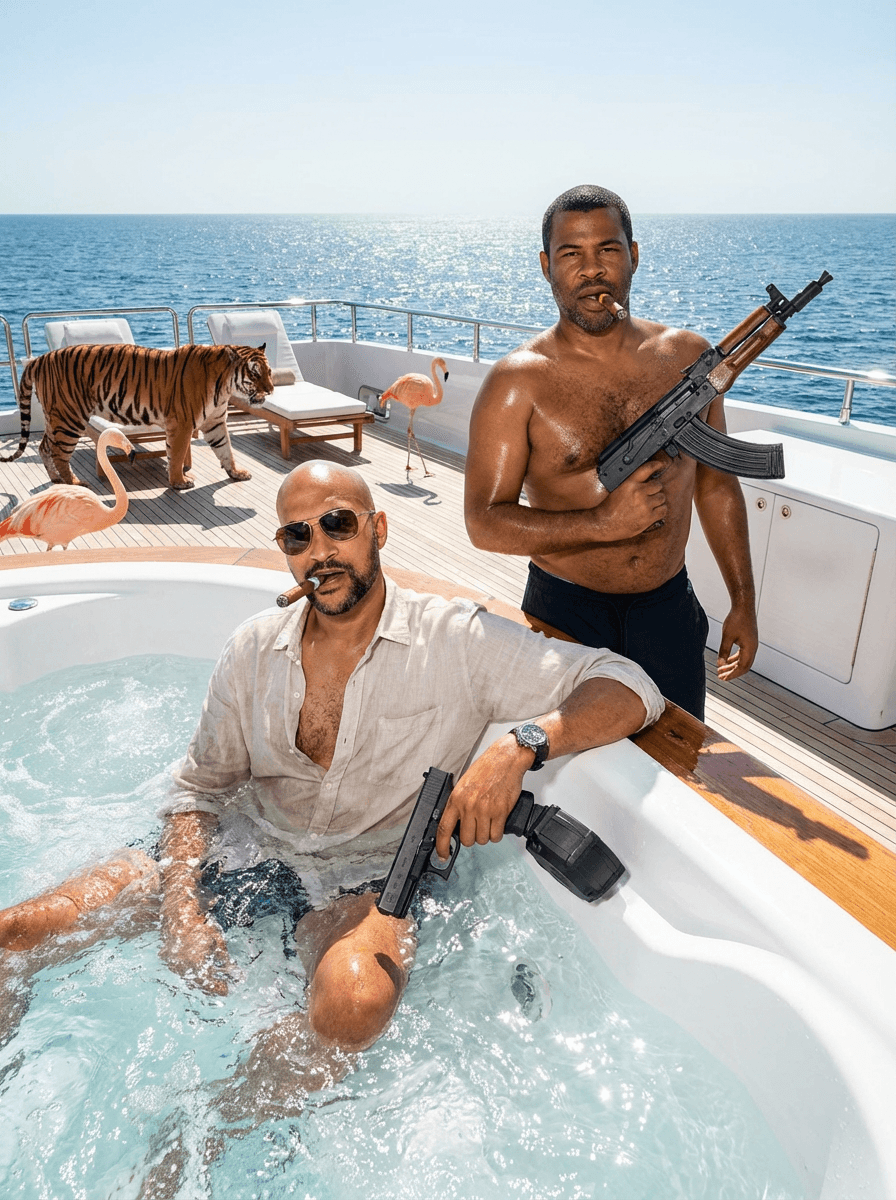 Ultra-realistic high-end editorial daylight photography with direct flash fill and luxury commercial finish.

Shot on a full-frame DSLR or mirrorless (Canon EOS R5 / Sony A7R IV equivalent), 35mm lens, aperture f/7.1–f/9, shutter speed 1/500–1/1000, ISO 100–200.

Strong natural daylight as the primary light source (midday sun), combined with subtle direct on-camera or off-axis flash fill. Flash is balanced and used to enhance clarity, lift shadows, and add crisp specular highlights without overpowering the scene.

Lighting is hard and directional from the sun (high angle), producing defined shadows, while flash softens shadow density and adds controlled brightness to foreground elements. Shadow edges remain sharp but slightly lifted.

Highlights are clean, bright, and glossy with strong specular reflections, especially on wet and reflective surfaces. No harsh clipping — highlight roll-off is smooth and polished.

Color grading features a clean, slightly cool-neutral white balance with vibrant blues and controlled warm tones. Colors are rich, saturated, and luxurious without appearing artificial.

Contrast curve:
- Blacks slightly deepened but not crushed
- Midtones clean, open, and highly detailed
- Highlights bright with smooth roll-off

Color profile resembles modern Canon/Sony commercial output with subtle editorial polish. No heavy LUT — clean, premium digital color.

Skin tone rendering (lighting behavior only): glossy, high-contrast, enhanced by flash fill for a polished editorial finish.

Image is extremely sharp with high micro-contrast and crisp detail rendering across the frame. No noticeable noise (low ISO). No film grain — ultra-clean digital output.

Dynamic range is high — strong detail retention in both highlights and shadows despite bright conditions.

Shot at eye level with slight wide-angle perspective (35mm), creating mild depth and spatial realism. Medium-wide framing with balanced composition.

Depth of field is deep — most elements are in focus. No motion blur. Clean, stabilized handheld or tripod feel.

Maintain exact balance between hard sunlight and subtle flash fill, preserve glossy highlight behavior, rich color saturation, and clean high-end commercial sharpness. Do not flatten contrast or remove specular highlights.

SUBJECT:  key and peele on a yacht with cigars in their mouth. key has a glock handgun with a 50 round drum and peele has a draco. One is sitting in a hottub on the boat and the other is standing on the outside of it.
ENVIRONMENT:  they are in the middle of the ocean on a yacht. there are pink flamingos and bengal tigers roaming free on the boat. all animal look real.