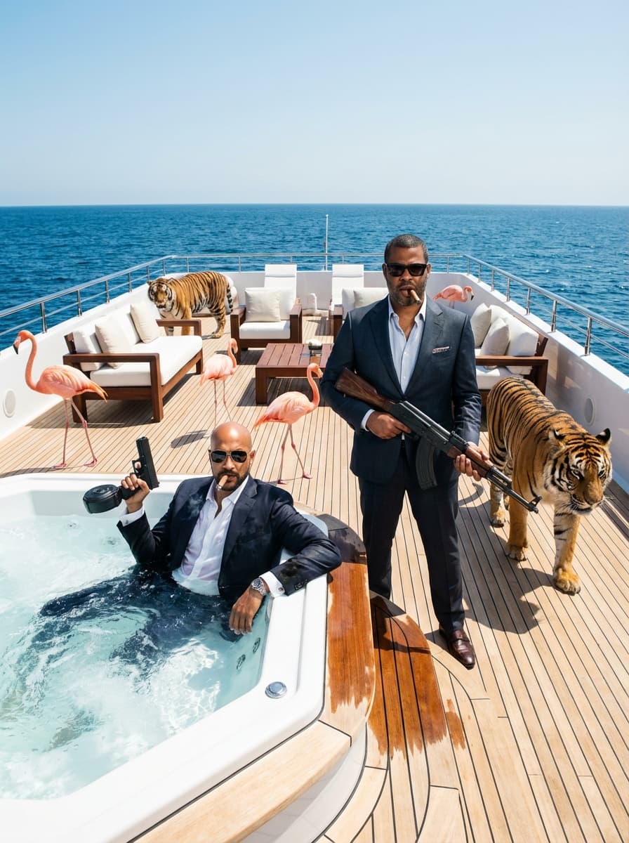 Ultra-realistic high-end editorial daylight photography of Key and Peele on a luxurious yacht in the middle of the ocean. Key, seated in a steaming hot tub, holds a Glock handgun with a 50-round drum magazine, a cigar firmly in his mouth. Peele stands beside the hot tub, a Draco rifle in hand, also smoking a cigar. Both wear expressions of confident intensity. Pink flamingos gracefully roam the polished deck, while majestic Bengal tigers, incredibly lifelike, wander freely across the yacht.

The scene is bathed in strong, hard, and directional midday sun from a high angle, casting defined shadows. This is perfectly balanced with subtle direct flash fill, enhancing clarity, lifting shadow density, and adding crisp, glossy specular highlights without overpowering the natural light. Highlight roll-off is smooth and polished, with no harsh clipping, especially on the yacht's wet and reflective surfaces.

Shot at eye level with a 35mm lens, the framing is medium-wide, offering a slight wide-angle perspective and deep depth of field where most elements are in sharp focus. The image boasts extreme sharpness, high micro-contrast, and crisp detail rendering across the entire frame, free of noise or film grain.

Color grading features a clean, slightly cool-neutral white balance with vibrant blues of the ocean and controlled warm tones, creating rich, saturated, and luxurious colors that remain natural. The contrast curve features slightly deepened but uncrushed blacks, clean and highly detailed midtones, and bright highlights with smooth roll-off. Skin tones are glossy and high-contrast, enhanced by the flash fill for a polished editorial finish. The overall color profile resembles modern Canon/Sony commercial output with a subtle editorial polish and no heavy LUT. The dynamic range is exceptionally high, retaining strong detail in both highlights and shadows. This image conveys a clean, premium digital aesthetic with a stabilized, handheld or tripod feel and no motion blur.