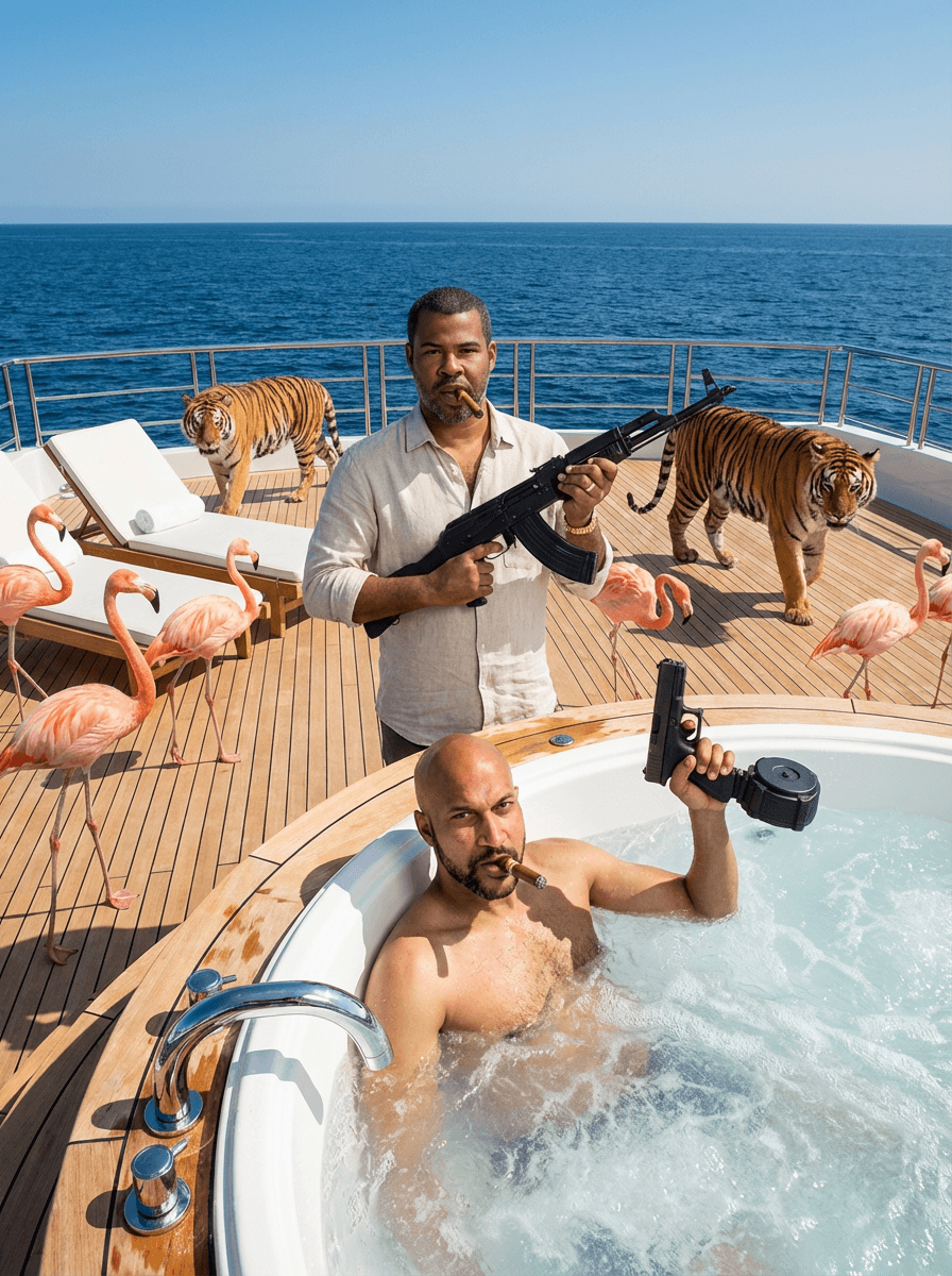 Ultra-realistic high-end editorial daylight photography of Key and Peele on a luxurious yacht in the middle of the ocean. Key, seated in a steaming hot tub, holds a Glock handgun with a 50-round drum magazine, a cigar firmly in his mouth. Peele stands beside the hot tub, a Draco rifle in hand, also smoking a cigar. Both wear expressions of confident intensity. Pink flamingos gracefully roam the polished deck, while majestic Bengal tigers, incredibly lifelike, wander freely across the yacht.

The scene is bathed in strong, hard, and directional midday sun from a high angle, casting defined shadows. This is perfectly balanced with subtle direct flash fill, enhancing clarity, lifting shadow density, and adding crisp, glossy specular highlights without overpowering the natural light. Highlight roll-off is smooth and polished, with no harsh clipping, especially on the yacht's wet and reflective surfaces.

Shot at eye level with a 35mm lens, the framing is medium-wide, offering a slight wide-angle perspective and deep depth of field where most elements are in sharp focus. The image boasts extreme sharpness, high micro-contrast, and crisp detail rendering across the entire frame, free of noise or film grain.

Color grading features a clean, slightly cool-neutral white balance with vibrant blues of the ocean and controlled warm tones, creating rich, saturated, and luxurious colors that remain natural. The contrast curve features slightly deepened but uncrushed blacks, clean and highly detailed midtones, and bright highlights with smooth roll-off. Skin tones are glossy and high-contrast, enhanced by the flash fill for a polished editorial finish. The overall color profile resembles modern Canon/Sony commercial output with a subtle editorial polish and no heavy LUT. The dynamic range is exceptionally high, retaining strong detail in both highlights and shadows. This image conveys a clean, premium digital aesthetic with a stabilized, handheld or tripod feel and no motion blur.