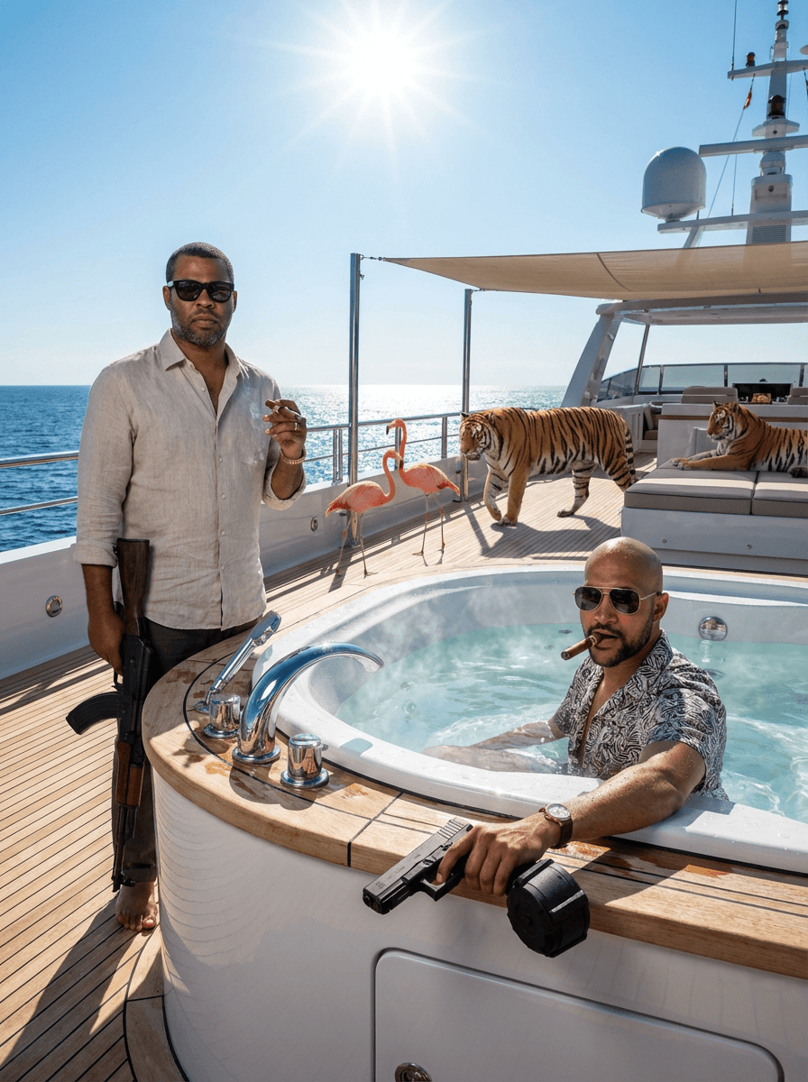 Ultra-realistic high-end editorial daylight photography of Key and Peele on a luxurious yacht in the middle of the ocean. Key, seated in a steaming hot tub, holds a Glock handgun with a 50-round drum magazine, a cigar firmly in his mouth. Peele stands beside the hot tub, a Draco rifle in hand, also smoking a cigar. Both wear expressions of confident intensity. Pink flamingos gracefully roam the polished deck, while majestic Bengal tigers, incredibly lifelike, wander freely across the yacht.

The scene is bathed in strong, hard, and directional midday sun from a high angle, casting defined shadows. This is perfectly balanced with subtle direct flash fill, enhancing clarity, lifting shadow density, and adding crisp, glossy specular highlights without overpowering the natural light. Highlight roll-off is smooth and polished, with no harsh clipping, especially on the yacht's wet and reflective surfaces.

Shot at eye level with a 35mm lens, the framing is medium-wide, offering a slight wide-angle perspective and deep depth of field where most elements are in sharp focus. The image boasts extreme sharpness, high micro-contrast, and crisp detail rendering across the entire frame, free of noise or film grain.

Color grading features a clean, slightly cool-neutral white balance with vibrant blues of the ocean and controlled warm tones, creating rich, saturated, and luxurious colors that remain natural. The contrast curve features slightly deepened but uncrushed blacks, clean and highly detailed midtones, and bright highlights with smooth roll-off. Skin tones are glossy and high-contrast, enhanced by the flash fill for a polished editorial finish. The overall color profile resembles modern Canon/Sony commercial output with a subtle editorial polish and no heavy LUT. The dynamic range is exceptionally high, retaining strong detail in both highlights and shadows. This image conveys a clean, premium digital aesthetic with a stabilized, handheld or tripod feel and no motion blur.