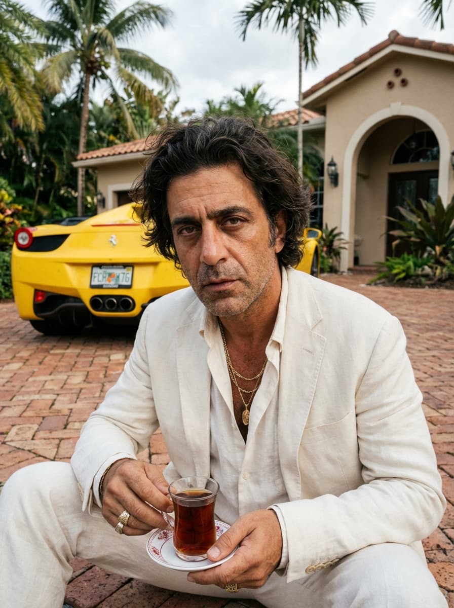 Ultra-realistic photograph of a middle-aged man with olive skin, deep-set dark brown eyes, prominent cheekbones, and slight under-eye hollows, portraying a tired yet intense expression. His thick, dark brown hair is medium length, slightly tousled, and brushed back with natural volume. Light stubble covers his jaw and upper lip. He wears an off-white/cream tailored suit with a slightly loose fit; the unbuttoned blazer reveals a partially open matching shirt with no tie. Multiple layered gold chains adorn his neck, with one pendant resting on his chest. Gold rings are visible on his fingers. He holds a small, clear glass cup of dark amber tea on a white saucer with a red pattern, his right hand gripping the saucer, his left hand holding the glass. The skin texture is meticulously detailed, showing visible pores and a slight sheen.

He is seated low to the ground with legs bent outward, his torso leaning slightly forward toward the camera. His elbows are relaxed near his thighs. His head is slightly tilted downward, maintaining direct eye contact with the camera.

Behind him, a bright yellow Ferrari is positioned diagonally, its rear end facing the camera, showcasing its black grille and the iconic prancing horse emblem. The rear wheel and tire are visible on the left side of the frame. A license plate is mounted on the rear bumper. The car is parked on a reddish-brown brick driveway. In the background, a luxurious beige stucco house features arched architecture and terracotta roof tiles. Tall palm trees and tropical plants surround the house, extending upward into the frame.

Shot on a Canon EOS 5D Mark IV with a 35mm lens, f/5.6 aperture, 1/200 shutter speed, and ISO 200. The lighting is natural daylight only, with no artificial flash. Bright outdoor sunlight is subtly filtered by surrounding foliage and structures, producing soft yet directional lighting. The light originates from the upper front-left, creating gentle shadows under his chin and behind him. Highlights are controlled but exhibit a slightly warm tone on skin and car surfaces. There is no harsh contrast; shadows are soft-edged and natural.

The color science features a warm, slightly yellow-green tinted white balance. A subtle vintage film-like grading is applied, resulting in slightly muted saturation. Greens lean toward olive tones, and yellows are slightly softened yet remain vibrant. Blacks are slightly lifted, not crushed, and midtones are rich and detailed. Skin tones are warm and slightly desaturated. Fine grain is present, resembling low ISO film texture.

This is a medium shot with a slight wide-angle perspective. The camera is positioned at low chest height directly in front of the subject, angled slightly upward. The subject is centered, with the car filling the background diagonally. The framing is tight, with minimal empty space above his head. Subtle perspective distortion emphasizes the foreground hands and face.

The depth of field is moderate, keeping the subject in sharp focus. The background (car and house) is slightly softened but still clearly defined. Separation is achieved through distance rather than heavy blur.