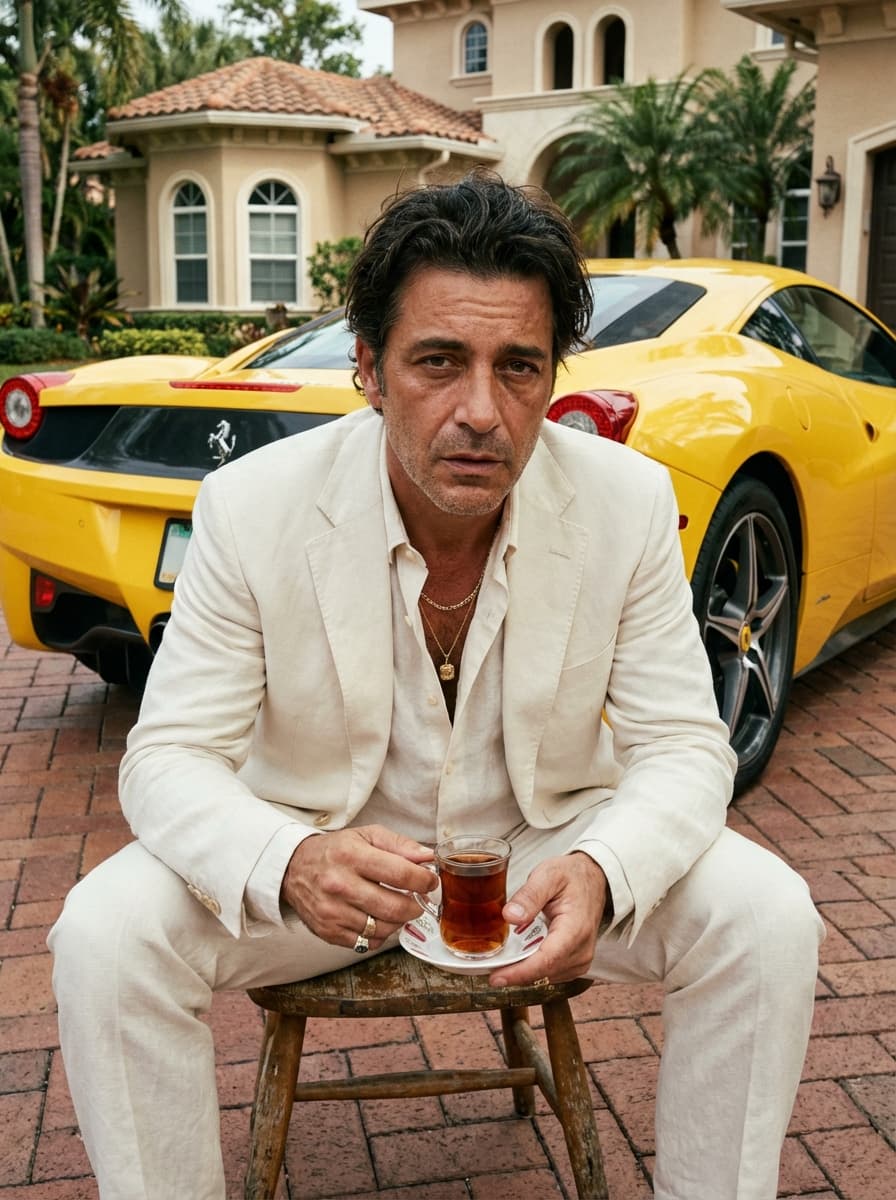 Ultra-realistic photograph of a middle-aged man with olive skin, deep-set dark brown eyes, prominent cheekbones, and slight under-eye hollows, portraying a tired yet intense expression. His thick, dark brown hair is medium length, slightly tousled, and brushed back with natural volume. Light stubble covers his jaw and upper lip. He wears an off-white/cream tailored suit with a slightly loose fit; the unbuttoned blazer reveals a partially open matching shirt with no tie. Multiple layered gold chains adorn his neck, with one pendant resting on his chest. Gold rings are visible on his fingers. He holds a small, clear glass cup of dark amber tea on a white saucer with a red pattern, his right hand gripping the saucer, his left hand holding the glass. The skin texture is meticulously detailed, showing visible pores and a slight sheen.

He is seated low to the ground with legs bent outward, his torso leaning slightly forward toward the camera. His elbows are relaxed near his thighs. His head is slightly tilted downward, maintaining direct eye contact with the camera.

Behind him, a bright yellow Ferrari is positioned diagonally, its rear end facing the camera, showcasing its black grille and the iconic prancing horse emblem. The rear wheel and tire are visible on the left side of the frame. A license plate is mounted on the rear bumper. The car is parked on a reddish-brown brick driveway. In the background, a luxurious beige stucco house features arched architecture and terracotta roof tiles. Tall palm trees and tropical plants surround the house, extending upward into the frame.

Shot on a Canon EOS 5D Mark IV with a 35mm lens, f/5.6 aperture, 1/200 shutter speed, and ISO 200. The lighting is natural daylight only, with no artificial flash. Bright outdoor sunlight is subtly filtered by surrounding foliage and structures, producing soft yet directional lighting. The light originates from the upper front-left, creating gentle shadows under his chin and behind him. Highlights are controlled but exhibit a slightly warm tone on skin and car surfaces. There is no harsh contrast; shadows are soft-edged and natural.

The color science features a warm, slightly yellow-green tinted white balance. A subtle vintage film-like grading is applied, resulting in slightly muted saturation. Greens lean toward olive tones, and yellows are slightly softened yet remain vibrant. Blacks are slightly lifted, not crushed, and midtones are rich and detailed. Skin tones are warm and slightly desaturated. Fine grain is present, resembling low ISO film texture.

This is a medium shot with a slight wide-angle perspective. The camera is positioned at low chest height directly in front of the subject, angled slightly upward. The subject is centered, with the car filling the background diagonally. The framing is tight, with minimal empty space above his head. Subtle perspective distortion emphasizes the foreground hands and face.

The depth of field is moderate, keeping the subject in sharp focus. The background (car and house) is slightly softened but still clearly defined. Separation is achieved through distance rather than heavy blur.