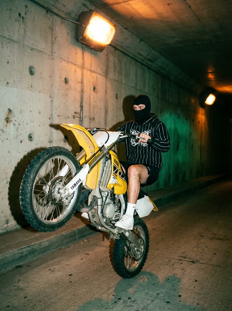 Ultra-realistic nighttime direct flash photography with analog film grain and color-shifted indoor rendering.

Shot on a 35mm film camera (Contax T2 / point-and-shoot film equivalent), 35–38mm lens, aperture f/2.8–f/4, shutter speed 1/60–1/125, ISO 800–1600 film.

Direct on-camera flash with no diffusion. Flash is strong, frontal, and slightly harsh, fully illuminating the foreground while ambient light remains very low.

Lighting behavior:
- Hard shadows with slight softness from film response
- Minimal light falloff beyond flash range
- Background fades into darkness with faint ambient visibility

Highlights are bright but softer than digital — slight bloom and gentle roll-off typical of film. No harsh digital clipping, but still punchy.

Color grading features a green/teal cast in shadows with warm highlights, creating a mixed-color, slightly contaminated film look. Whites are not pure — slightly tinted and aged.

Contrast curve:
- Blacks moderately crushed but still retain some texture
- Midtones slightly compressed
- Highlights softly rolled off with mild glow

Saturation is muted:
- Colors slightly desaturated and shifted
- Overall palette feels subdued and imperfect

Color profile resembles pushed 35mm film (Fuji Superia / Portra 800 pushed) with color imbalance and analog inconsistency.

Grain is prominent and organic:
- Visible 35mm film grain across entire image
- Soft, clumpy grain structure (not digital noise)

Sharpness is moderate:
- Slight softness from lens + film
- Reduced edge sharpness compared to digital

Dynamic range is moderate with soft highlight handling and slightly lifted shadows compared to digital flash.

Framing is medium-wide with natural eye-level perspective (35–38mm). Slight handheld looseness with documentary feel.

Depth of field is shallow to moderate — subject sharp, background slightly soft.

No motion blur, but overall image retains a softer analog feel.

Overall aesthetic: vintage film flash / late-night documentary / analog snapshot realism.

Maintain film grain, green/teal shadow cast, soft highlight bloom, and imperfect color balance. Do not clean or modernize the image.

SUBJECT + ENVIRONMENT:  Ultra-realistic photograph.

Young adult male with light-medium skin tone, athletic build. Face mostly covered by a black balaclava exposing only eyes and upper nose. Eyes focused forward with alert intensity. Wearing a black long-sleeve hoodie with bold white abstract graphic patterns across sleeves and chest, black shorts, black gloves, white crew socks, and white low-top sneakers. Legs exposed from mid-thigh down showing natural skin texture.

Riding a yellow Yamaha dirt bike in a controlled wheelie position. Front wheel lifted high off the ground at a steep upward angle, rear wheel maintaining contact with the asphalt. Rider leaning slightly backward with hips seated on the rear portion of the bike, arms extended forward gripping handlebars, left foot planted on foot peg, right foot positioned near rear brake. Body balanced precisely to maintain wheelie.

Urban tunnel or underpass environment at night. Background consists of large concrete wall panels with evenly spaced circular indentations and visible seams. Upper portion of frame shows warm overhead industrial lighting casting orange glow onto concrete. Ground is dark asphalt road with subtle texture and faint reflective sheen.

Shot on Canon EOS 5D Mark IV, 28mm lens, aperture f/4, shutter 1/200, ISO 800.

Lighting: direct on-camera flash as primary light source combined with ambient tunnel lighting. Flash produces harsh frontal illumination with strong specular highlights on bike surfaces and clothing. Hard-edged shadows cast sharply onto the concrete wall behind subject. Ambient sodium-vapor style lighting adds warm orange cast in upper background, mixing with neutral flash foreground.

Color science: mixed white balance with cool-neutral flash foreground and warm orange ambient highlights in background. High contrast with slightly crushed blacks. Highlights bright with slight clipping on reflective metal parts of bike. Yellow bike remains vivid and saturated. Skin tones neutral but slightly flattened by flash. Fine digital grain present consistent with mid ISO.

Composition: medium-wide shot with slight wide-angle perspective. Camera positioned at low waist height angled slightly upward toward subject. Subject centered slightly right, bike diagonally oriented upward creating dynamic vertical motion. Tight framing with minimal negative space above wheel. Perspective exaggerates front wheel height and depth.

Depth: moderate depth of field with rider and bike in sharp focus. Background wall slightly softened but still clearly defined. Separation achieved through flash contrast and subject proximity rather than heavy blur.
