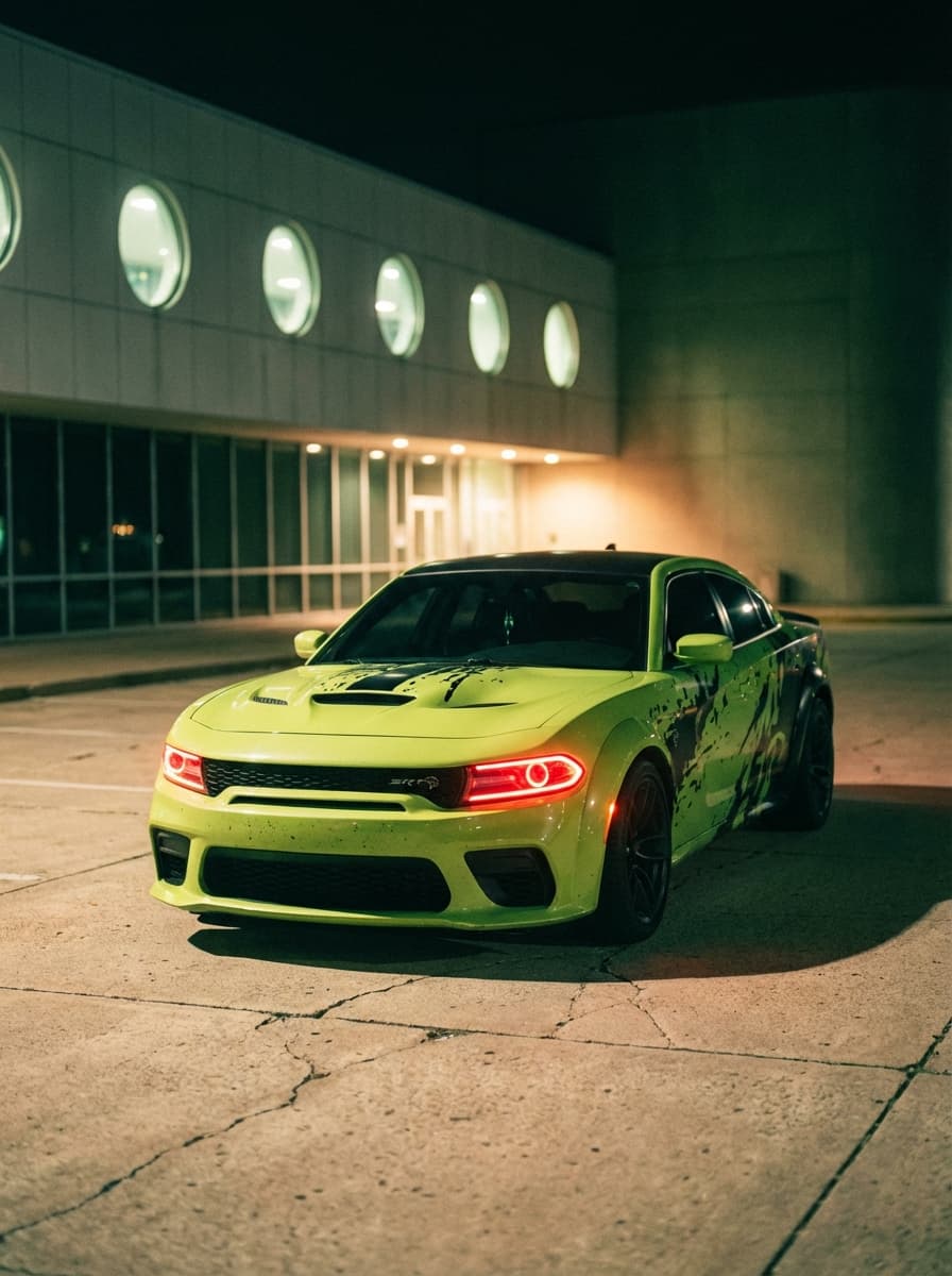 Ultra-realistic nighttime direct flash photography with analog film grain and color-shifted indoor rendering.

Shot on a 35mm film camera (Contax T2 / point-and-shoot film equivalent), 35–38mm lens, aperture f/2.8–f/4, shutter speed 1/60–1/125, ISO 800–1600 film.

Direct on-camera flash with no diffusion. Flash is strong, frontal, and slightly harsh, fully illuminating the foreground while ambient light remains very low.

Lighting behavior:
- Hard shadows with slight softness from film response
- Minimal light falloff beyond flash range
- Background fades into darkness with faint ambient visibility

Highlights are bright but softer than digital — slight bloom and gentle roll-off typical of film. No harsh digital clipping, but still punchy.

Color grading features a green/teal cast in shadows with warm highlights, creating a mixed-color, slightly contaminated film look. Whites are not pure — slightly tinted and aged.

Contrast curve:
- Blacks moderately crushed but still retain some texture
- Midtones slightly compressed
- Highlights softly rolled off with mild glow

Saturation is muted:
- Colors slightly desaturated and shifted
- Overall palette feels subdued and imperfect

Color profile resembles pushed 35mm film (Fuji Superia / Portra 800 pushed) with color imbalance and analog inconsistency.

Grain is prominent and organic:
- Visible 35mm film grain across entire image
- Soft, clumpy grain structure (not digital noise)

Sharpness is moderate:
- Slight softness from lens + film
- Reduced edge sharpness compared to digital

Dynamic range is moderate with soft highlight handling and slightly lifted shadows compared to digital flash.

Framing is medium-wide with natural eye-level perspective (35–38mm). Slight handheld looseness with documentary feel.

Depth of field is shallow to moderate — subject sharp, background slightly soft.

No motion blur, but overall image retains a softer analog feel.

Overall aesthetic: vintage film flash / late-night documentary / analog snapshot realism.

Maintain film grain, green/teal shadow cast, soft highlight bloom, and imperfect color balance. Do not clean or modernize the image.

SUBJECT + ENVIRONMENT:  Ultra-realistic photograph.

High-performance widebody Dodge Charger SRT Hellcat with aggressive aftermarket styling. Exterior finished in vivid lime green with black splatter-style graphics distributed across hood, fenders, doors, and rear panels. Hood features functional heat extractor vents and sculpted contours. Front fascia includes an enlarged lower intake, black mesh grille, and integrated splitter with aerodynamic fins.

Headlights are modern LED units with distinctive red halo rings illuminated. Front bumper has sharp angular lines with black trim accents and air channels. Body widened with bolt-on style widebody fender flares, giving a low, planted stance.

Wheels are large matte black multi-spoke performance rims with low-profile tires, tucked tightly under the flared arches. Side profile shows tinted windows, black side mirrors, and continuation of the graphic wrap. Paint finish is glossy with strong reflections emphasizing contours.

Vehicle is parked on a flat concrete parking lot surface with subtle cracks and tire marks.

Background features a modern architectural building with a smooth white façade composed of rounded rectangular and circular window cutouts arranged in a repeating grid pattern. Windows are large, curved-edge glass panels with thin metal framing. Interior spaces behind glass show warm-toned elements and vertical slatted textures. Building has a soft, sculptural appearance with continuous flowing edges and recessed openings.

Composition: medium-wide shot with the car positioned in the foreground and the architectural building rising prominently behind it. Car angled slightly toward camera, emphasizing front fascia and stance, while the building provides a clean geometric backdrop.

Depth: vehicle in sharp focus with building slightly softened but still clearly defined, maintaining strong separation between subject and background.