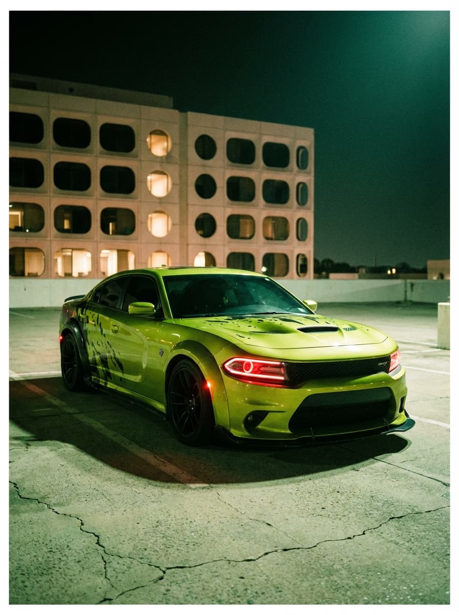 Ultra-realistic nighttime direct flash photography with analog film grain and color-shifted indoor rendering.

Shot on a 35mm film camera (Contax T2 / point-and-shoot film equivalent), 35–38mm lens, aperture f/2.8–f/4, shutter speed 1/60–1/125, ISO 800–1600 film.

Direct on-camera flash with no diffusion. Flash is strong, frontal, and slightly harsh, fully illuminating the foreground while ambient light remains very low.

Lighting behavior:
- Hard shadows with slight softness from film response
- Minimal light falloff beyond flash range
- Background fades into darkness with faint ambient visibility

Highlights are bright but softer than digital — slight bloom and gentle roll-off typical of film. No harsh digital clipping, but still punchy.

Color grading features a green/teal cast in shadows with warm highlights, creating a mixed-color, slightly contaminated film look. Whites are not pure — slightly tinted and aged.

Contrast curve:
- Blacks moderately crushed but still retain some texture
- Midtones slightly compressed
- Highlights softly rolled off with mild glow

Saturation is muted:
- Colors slightly desaturated and shifted
- Overall palette feels subdued and imperfect

Color profile resembles pushed 35mm film (Fuji Superia / Portra 800 pushed) with color imbalance and analog inconsistency.

Grain is prominent and organic:
- Visible 35mm film grain across entire image
- Soft, clumpy grain structure (not digital noise)

Sharpness is moderate:
- Slight softness from lens + film
- Reduced edge sharpness compared to digital

Dynamic range is moderate with soft highlight handling and slightly lifted shadows compared to digital flash.

Framing is medium-wide with natural eye-level perspective (35–38mm). Slight handheld looseness with documentary feel.

Depth of field is shallow to moderate — subject sharp, background slightly soft.

No motion blur, but overall image retains a softer analog feel.

Overall aesthetic: vintage film flash / late-night documentary / analog snapshot realism.

Maintain film grain, green/teal shadow cast, soft highlight bloom, and imperfect color balance. Do not clean or modernize the image.

SUBJECT + ENVIRONMENT:  Ultra-realistic photograph.

High-performance widebody Dodge Charger SRT Hellcat with aggressive aftermarket styling. Exterior finished in vivid lime green with black splatter-style graphics distributed across hood, fenders, doors, and rear panels. Hood features functional heat extractor vents and sculpted contours. Front fascia includes an enlarged lower intake, black mesh grille, and integrated splitter with aerodynamic fins.

Headlights are modern LED units with distinctive red halo rings illuminated. Front bumper has sharp angular lines with black trim accents and air channels. Body widened with bolt-on style widebody fender flares, giving a low, planted stance.

Wheels are large matte black multi-spoke performance rims with low-profile tires, tucked tightly under the flared arches. Side profile shows tinted windows, black side mirrors, and continuation of the graphic wrap. Paint finish is glossy with strong reflections emphasizing contours.

Vehicle is parked on a flat concrete parking lot surface with subtle cracks and tire marks.

Background features a modern architectural building with a smooth white façade composed of rounded rectangular and circular window cutouts arranged in a repeating grid pattern. Windows are large, curved-edge glass panels with thin metal framing. Interior spaces behind glass show warm-toned elements and vertical slatted textures. Building has a soft, sculptural appearance with continuous flowing edges and recessed openings.

Composition: medium-wide shot with the car positioned in the foreground and the architectural building rising prominently behind it. Car angled slightly toward camera, emphasizing front fascia and stance, while the building provides a clean geometric backdrop.

Depth: vehicle in sharp focus with building slightly softened but still clearly defined, maintaining strong separation between subject and background.