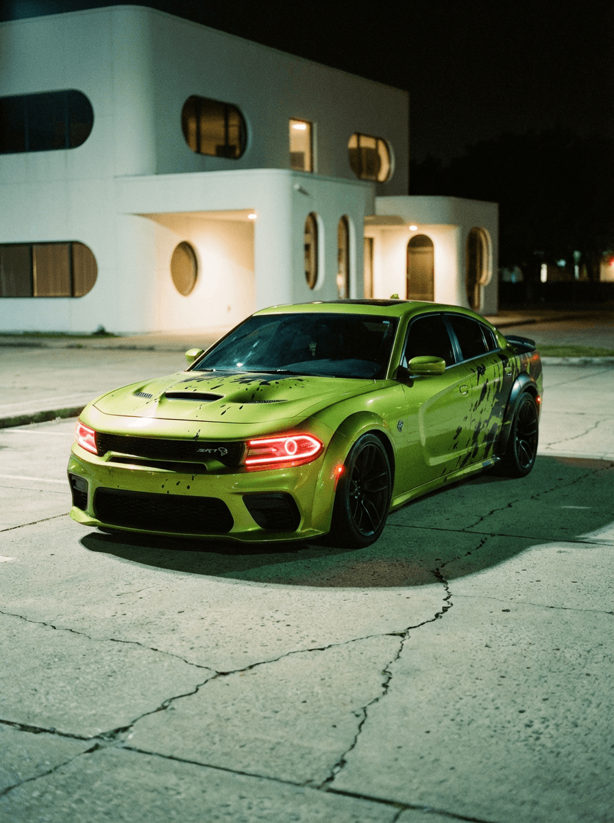 Ultra-realistic nighttime direct flash photography with analog film grain and color-shifted indoor rendering.
Shot on a 35mm film camera (Contax T2 / point-and-shoot film equivalent), 35–38mm lens, aperture f/2.8–f/4, shutter speed 1/60–1/125, ISO 800–1600 film.
Direct on-camera flash with no diffusion. Flash is strong, frontal, and slightly harsh, fully illuminating the foreground while ambient light remains very low.
Lighting behavior:
- Hard shadows with slight softness from film response
- Minimal light falloff beyond flash range
- Background fades into darkness with faint ambient visibility
Highlights are bright but softer than digital — slight bloom and gentle roll-off typical of film. No harsh digital clipping, but still punchy.
Color grading features a green/teal cast in shadows with warm highlights, creating a mixed-color, slightly contaminated film look. Whites are not pure — slightly tinted and aged.
Contrast curve:
- Blacks moderately crushed but still retain some texture
- Midtones slightly compressed
- Highlights softly rolled off with mild glow
Saturation is muted:
- Colors slightly desaturated and shifted
- Overall palette feels subdued and imperfect
Color profile resembles pushed 35mm film (Fuji Superia / Portra 800 pushed) with color imbalance and analog inconsistency.
Grain is prominent and organic:
- Visible 35mm film grain across entire image
- Soft, clumpy grain structure (not digital noise)
Sharpness is moderate:
- Slight softness from lens + film
- Reduced edge sharpness compared to digital
Dynamic range is moderate with soft highlight handling and slightly lifted shadows compared to digital flash.
Framing is medium-wide with natural eye-level perspective (35–38mm). Slight handheld looseness with documentary feel.
Depth of field is shallow to moderate — subject sharp, background slightly soft.
No motion blur, but overall image retains a softer analog feel.
Overall aesthetic: vintage film flash / late-night documentary / analog snapshot realism.
Maintain film grain, green/teal shadow cast, soft highlight bloom, and imperfect color balance. Do not clean or modernize the image.
SUBJECT + ENVIRONMENT: Ultra-realistic photograph.
High-performance widebody Dodge Charger SRT Hellcat with aggressive aftermarket styling. Exterior finished in vivid lime green with black splatter-style graphics distributed across hood, fenders, doors, and rear panels. Hood features functional heat extractor vents and sculpted contours. Front fascia includes an enlarged lower intake, black mesh grille, and integrated splitter with aerodynamic fins.
Headlights are modern LED units with distinctive red halo rings illuminated. Front bumper has sharp angular lines with black trim accents and air channels. Body widened with bolt-on style widebody fender flares, giving a low, planted stance.
Wheels are large matte black multi-spoke performance rims with low-profile tires, tucked tightly under the flared arches. Side profile shows tinted windows, black side mirrors, and continuation of the graphic wrap. Paint finish is glossy with strong reflections emphasizing contours.
Vehicle is parked on a flat concrete parking lot surface with subtle cracks and tire marks.
Background features a modern architectural building with a smooth white façade composed of rounded rectangular and circular window cutouts arranged in a repeating grid pattern. Windows are large, curved-edge glass panels with thin metal framing. Interior spaces behind glass show warm-toned elements and vertical slatted textures. Building has a soft, sculptural appearance with continuous flowing edges and recessed openings.
Composition: medium-wide shot with the car positioned in the foreground and the architectural building rising prominently behind it. Car angled slightly toward camera, emphasizing front fascia and stance, while the building provides a clean geometric backdrop.
Depth: vehicle in sharp focus with building slightly softened but still clearly defined, maintaining strong separation between subject and background.