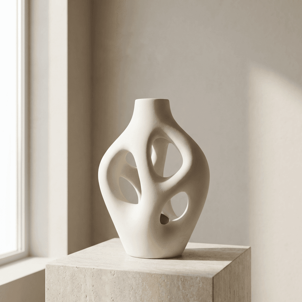 **Prompt:** Hyper-realistic product photography, minimalist sculptural vase, organic cut-out holes, smooth matte ceramic, off-white, modern abstract design. Soft natural lighting from a large window, creating subtle, long shadows that accentuate its form. Clean, uncluttered beige wall background. Luxury home decor aesthetic. High detail, 4k. Minimalist home decor scene, designer vase with unique shape, neutral color palette, beige white tones, soft natural light, shadow, clean wall background, modern interior photography. Shot with a Canon EOS R5, 100mm macro lens, f/2.8, ISO 100.