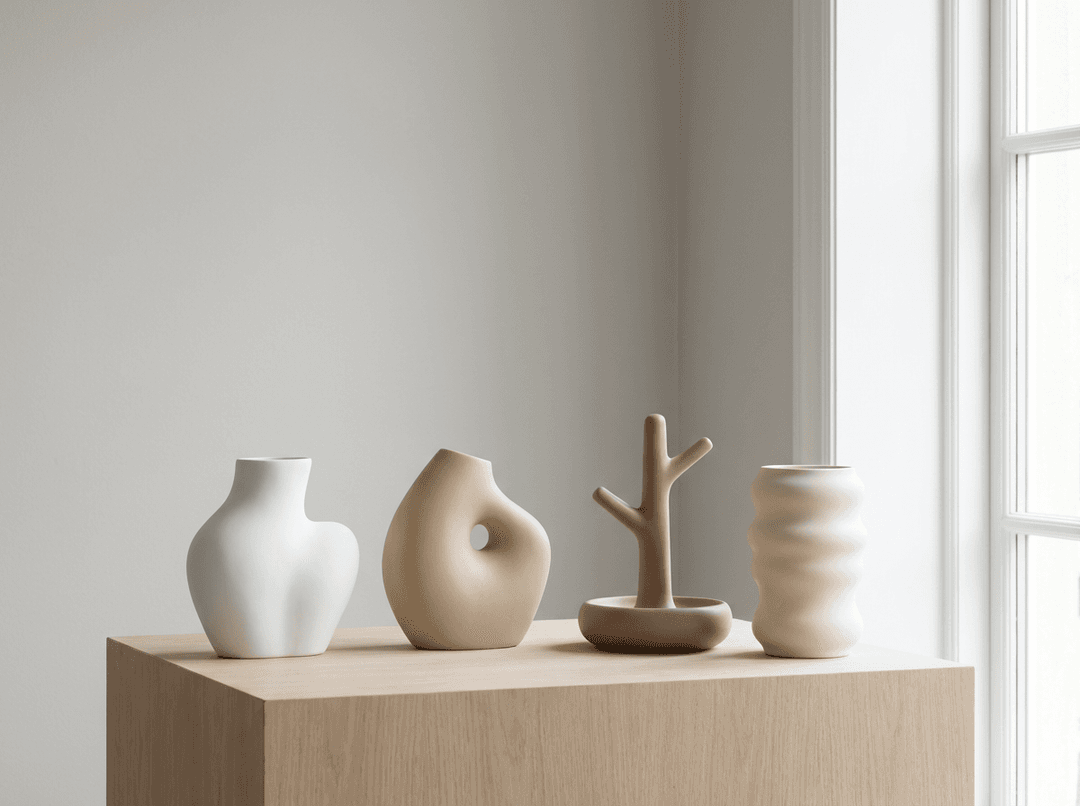 Minimalist product photography of four modern sculptural decor objects (abstract vases and one jewelry stand), each object in a distinct color: pure white, warm beige, soft brown, and cream tone, clean and separated composition, smooth matte ceramic texture, placed on a minimal table, no flowers, no jewelry, no extra objects, focus only on the vases and stand, soft natural lighting, gentle shadows, Scandinavian minimalist style, aesthetic and calming mood, high detail