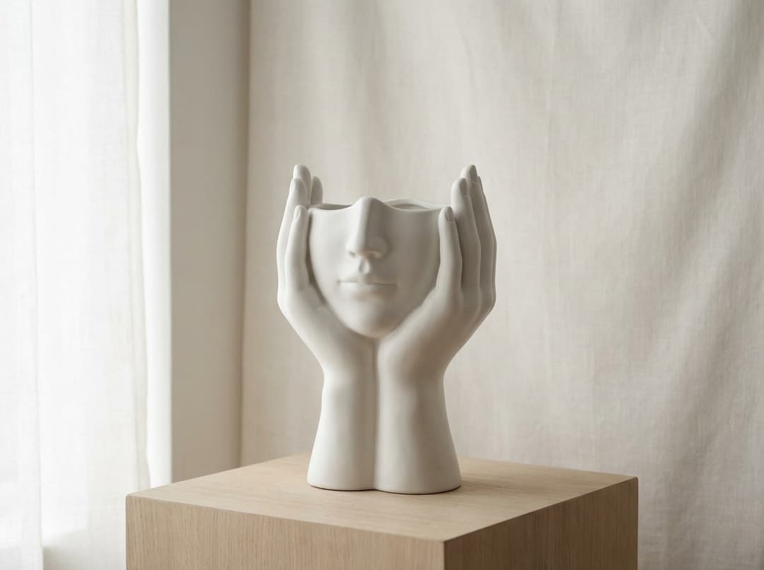 Minimalist product photography of a white ceramic vase shaped like a human face resting on hands, smooth matte texture, sculptural design, placed on a clean surface, no flowers, no extra objects, soft natural lighting, neutral background, Scandinavian minimalist style, high detail, calm aesthetic mood