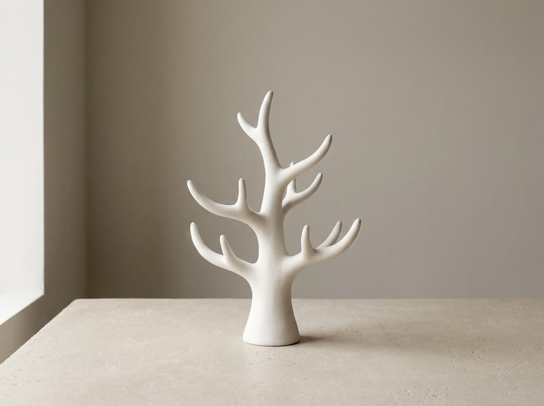 Minimalist product photography of a tree-shaped jewelry stand with branch-like structure, matte white finish, sculptural decor piece, placed on a simple surface, no jewelry, no extra objects, soft natural lighting, neutral background, clean and elegant minimalist style, high detail