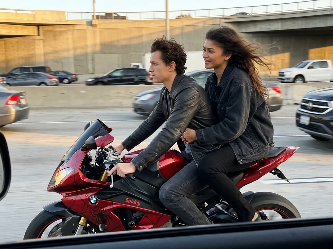Ultra-realistic candid iPhone-style shot of [Tom Holland](chatgpt://generic-entity?number=0) driving a custom Spider-Man–themed sport motorcycle with [Zendaya](chatgpt://generic-entity?number=1) seated behind him on a busy freeway at golden hour, both fully visible with accurate facial features and proportions, no helmets.

Tom is slightly leaned forward gripping the handlebars naturally, focused expression, subtle wind pushing through his hair. Zendaya sits behind him holding his waist, relaxed but engaged, hair flowing realistically in the wind, slight smile as if mid-conversation.

Camera: handheld from a nearby moving car, slight shake, imperfect framing, 24–35mm lens feel, sharp focus on them with natural motion blur on surrounding traffic and road.

Lighting: warm sunset light hitting faces and bike surfaces, natural highlights on skin, realistic reflections on chrome, soft shadows, no artificial cinematic glow.

Details: high-end Spider-Man themed motorcycle (deep red with black webbing accents, subtle chrome), realistic highway traffic, lane lines streaking from speed, wind affecting clothing and posture, correct hand placement and body physics, tires fully grounded.

Atmosphere: feels like a real paparazzi freeway moment — unexpected, slightly risky, and authentic, not staged or overly polished.
