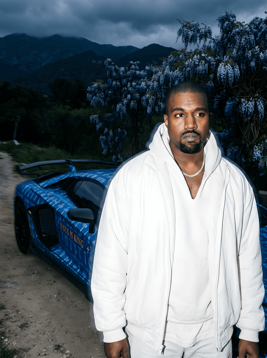 Kayne west and change the tree to a Blue Chinese Wisteria Tree, change the car to a Lamborghini  svj, add Jesus themed wrapped on the whole car the same color as the tree, kayne is wear all white ye style clothes Change the scene in to a mountain scene 

Camera Feel

• 35mm equivalent wide lens
• Slight perspective distortion (close, immersive)
• High dynamic range
• Crisp, ultra-sharp focus
• Raw candid energy
• Feels like spontaneous nightlife moment 

captured with hyper-detailed skin textures and luxury accessories.

Composition & Framing:
. aspect ratio, shallow depth of field focusing sharply on pores, wrinkles, and fabric
details.
Slight natural motion blur around edges for realism.

Lighting:
Harsh on-camera flash as primary light source, emphasizing skin texture — visible pores, fine
wrinkles, subtle imperfections, natural sheen of oil and sweat.
Rim lighting outlining faces, highlighting contours and hair strands.

details — slight gloss, tiny
creases.
Fine fabric texture of jacket sharply rendered, visible stitching and folds.
Subtle micro-blemishes and natural skin irregularities preserved for authenticity.

Color Grading & Mood:
Cool, desaturated color palette with warm highlights on skin tones.
Slight grain and natural digital noise to simulate high ISO, intimate paparazzi style.
Colors remain muted but rich, enhancing raw emotion and luxury contrast.

 
Post-processing:
No artificial smoothing or retouching; natural skin imperfections fully retained.
Minor chromatic aberration and lens artifacts for documentary authenticity.
Balanced highlights and shadows maintaining gritty, real-life feel.
Overall Impression:
An intensely intimate, raw moment frozen in time — decadent, luxurious, and unpolished. The
shot captures high-fashion opulence, with every pore,
wrinkle, and diamonds detail sharply in focus, telling a story of excess and proximity in the
underbelly of power and glamous
