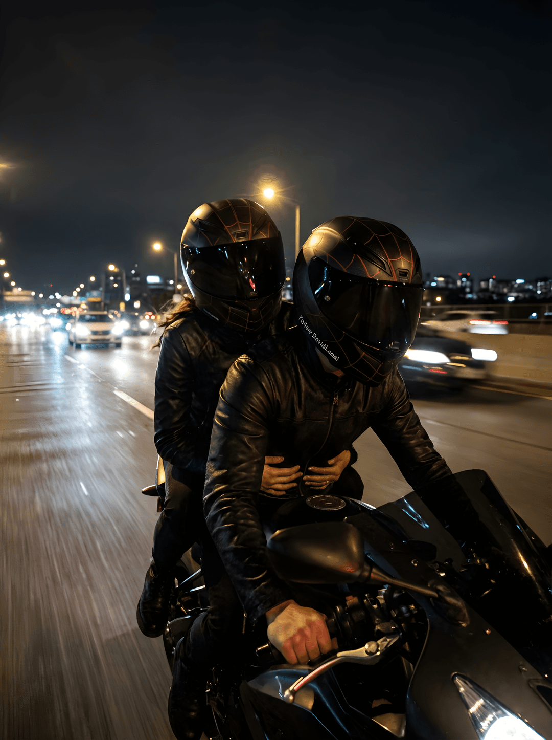 STRICT 1:1 REALISM CONVERSION — DO NOT STYLIZE OR CARTOON.

[Tom Holland](chatgpt://generic-entity?number=0) riding a high-performance sport motorcycle at high speed on a nighttime highway, with [Zendaya](chatgpt://generic-entity?number=1) seated behind him holding onto his waist. Both are wearing functional Spider-Man-inspired motorcycle helmets — full protective helmet structure with realistic padding, vents, and aerodynamic shell design.

HELMET DESIGN:
Helmets are designed to resemble [Spider-Man](chatgpt://generic-entity?number=2) mask but fully functional:
- Smooth curved shell with subtle web pattern integrated into the material
- Large black-tinted spider eye lenses (visible from outside but still see-through from inside like real visor tint)
- Matte and gloss mixed finish (not plastic-looking)
- Zendaya’s helmet has clean text on the side: “Follow DavidLeeai” in subtle white lettering

SUBJECT ACTION:
Tom is leaning slightly forward in control of the bike, focused, hands gripping handlebars naturally. Zendaya is seated close behind, body aligned with motion, holding onto him securely. Hair movement and clothing react naturally to wind speed.

ENVIRONMENT:
Open highway at night with visible road lanes stretching into the distance. Surrounding environment slightly blurred from speed. Occasional passing streetlights and distant cars with headlights and taillights creating depth. Asphalt texture visible with reflective highlights from lights.

MOTION:
Strong sense of speed:
- Background motion blur
- Light streaks from passing cars
- Slight tire motion blur
- Wind interaction on clothing and posture

LIGHTING:
Primary lighting from overhead streetlights casting intermittent highlights across helmets, bike, and bodies. Secondary lighting from passing cars (white headlights, red taillights) creating dynamic reflections. Subtle glow reflecting off the black visor lenses.

CAMERA:
Wide shot capturing FULL motorcycle and BOTH subjects clearly.
Shot on iPhone-style camera, 24mm lens.
Low tracking angle slightly behind and to the side of the bike.
Handheld feel, slight natural shake.
Shallow depth of field but enough clarity to maintain realism.

REALISM RULES:
- Helmets must look physically wearable and functional (not costume masks)
- Skin, hands, and exposed areas must show real texture and lighting interaction
- Clothing must react to wind and speed naturally
- Motorcycle must have correct scale, detail, and road contact
- No floating, no distortions
- Lighting must follow real-world physics

NO cartoon effects, NO glowing CGI look, NO over-stylization.
This should feel like a real paparazzi-style photo captured from another moving vehicle at high speed.