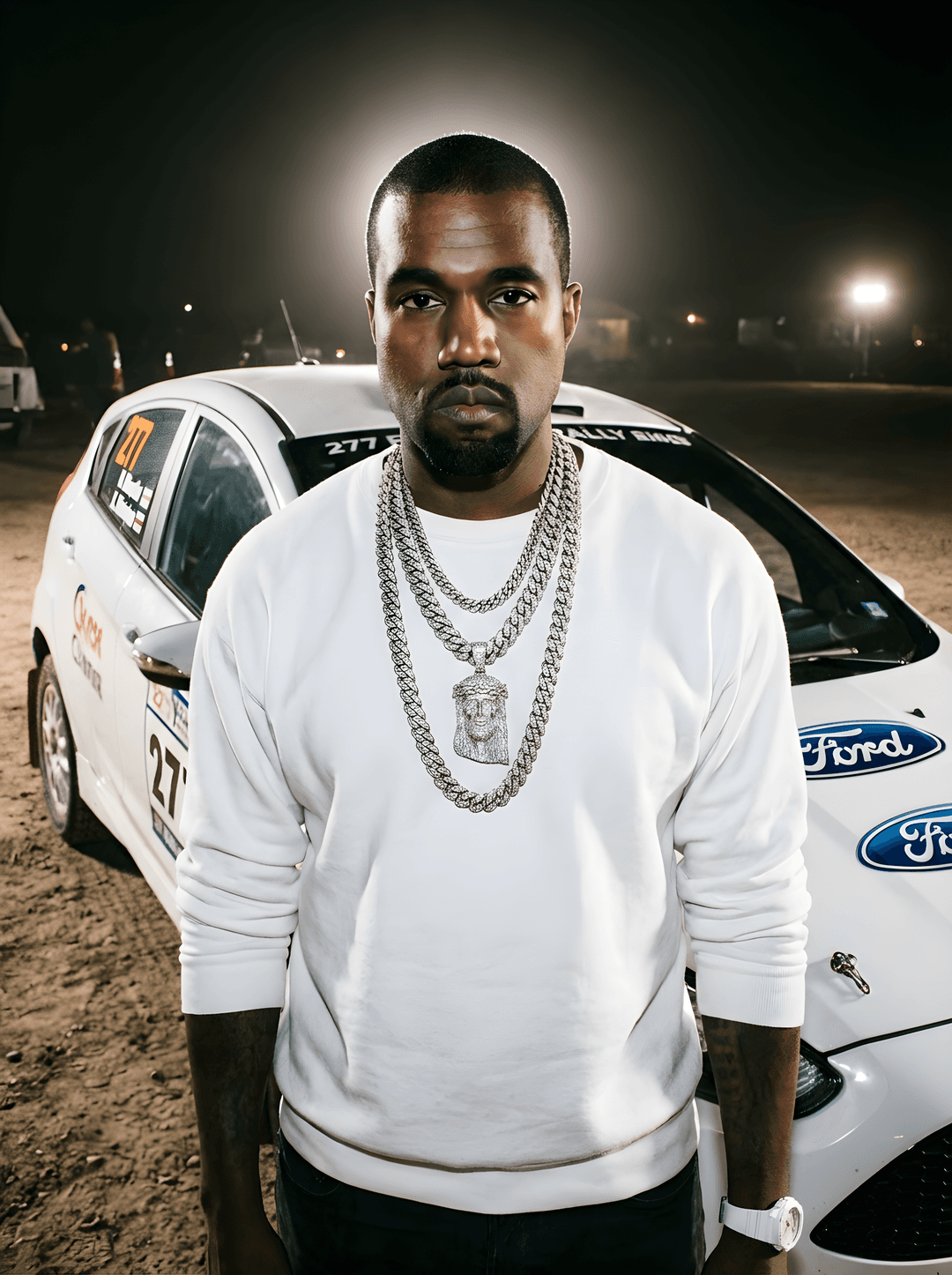 BASE IMAGE: USE THE PROVIDED IMAGE AS THE ONLY SOURCE — DO NOT CHANGE LOCATION, CAR, LIGHTING, OR CAMERA ANGLE.
STRICT EDIT MODE — NO RECOMPOSITION, NO SUBJECT REPLACEMENT.
SUBJECT:
Remove the hat completely. Replace with natural, short-cropped hair consistent with Kanye West’s real hairline and texture. Hair must match lighting and shadow direction exactly.
EXPRESSION & PRESENCE (MAKE HIM MORE DEFIANT):
- Slight chin raise (subtle upward tilt)
- Eyes more locked and intense toward camera
- Jaw slightly tightened
- Body posture more grounded and dominant (no slouching)
- Shoulders squared naturally
JEWELRY (ULTRA-REALISTIC VC QUALITY):
Add THREE layered VVS diamond Cuban link chains:
1. Primary chain: Thick bust-down Cuban link with a fully iced-out Jesus pendant (centerpiece, heavy, sitting mid-chest)
2. Secondary chain: Slightly thinner Cuban link, shorter length, resting above the pendant chain
3. Third chain: Medium thickness, slightly longer, overlapping naturally with gravity
JEWELRY REALISM RULES:
- Chains must sit with correct weight and طبیعی sag
- Natural overlap and tangling between chains
- Accurate diamond reflections reacting to flash lighting
- No glowing or fake shine — real diamond dispersion only
- Pendant must rest naturally against chest fabric with slight indentation
PRESERVE:
- Exact outfit (white sweatshirt and pants)
- Watch on wrist (do NOT add or duplicate watches)
- Car position, decals, and environment
- Lighting setup (harsh flash + background exposure)
- Camera framing and perspective
LIGHTING INTEGRATION:
- Diamonds must reflect the same flash source visible in the scene
- Micro highlights on each stone, not uniform shine
- Subtle shadow cast from chains onto sweatshirt
REALISM RULES:
- No floating jewelry
- No clipping into body
- Skin texture unchanged
- Maintain original grain, sharpness, and depth
NO stylization, NO AI gloss, NO face distortion.
This must look like the jewelry was physically worn during the original photo shoot.