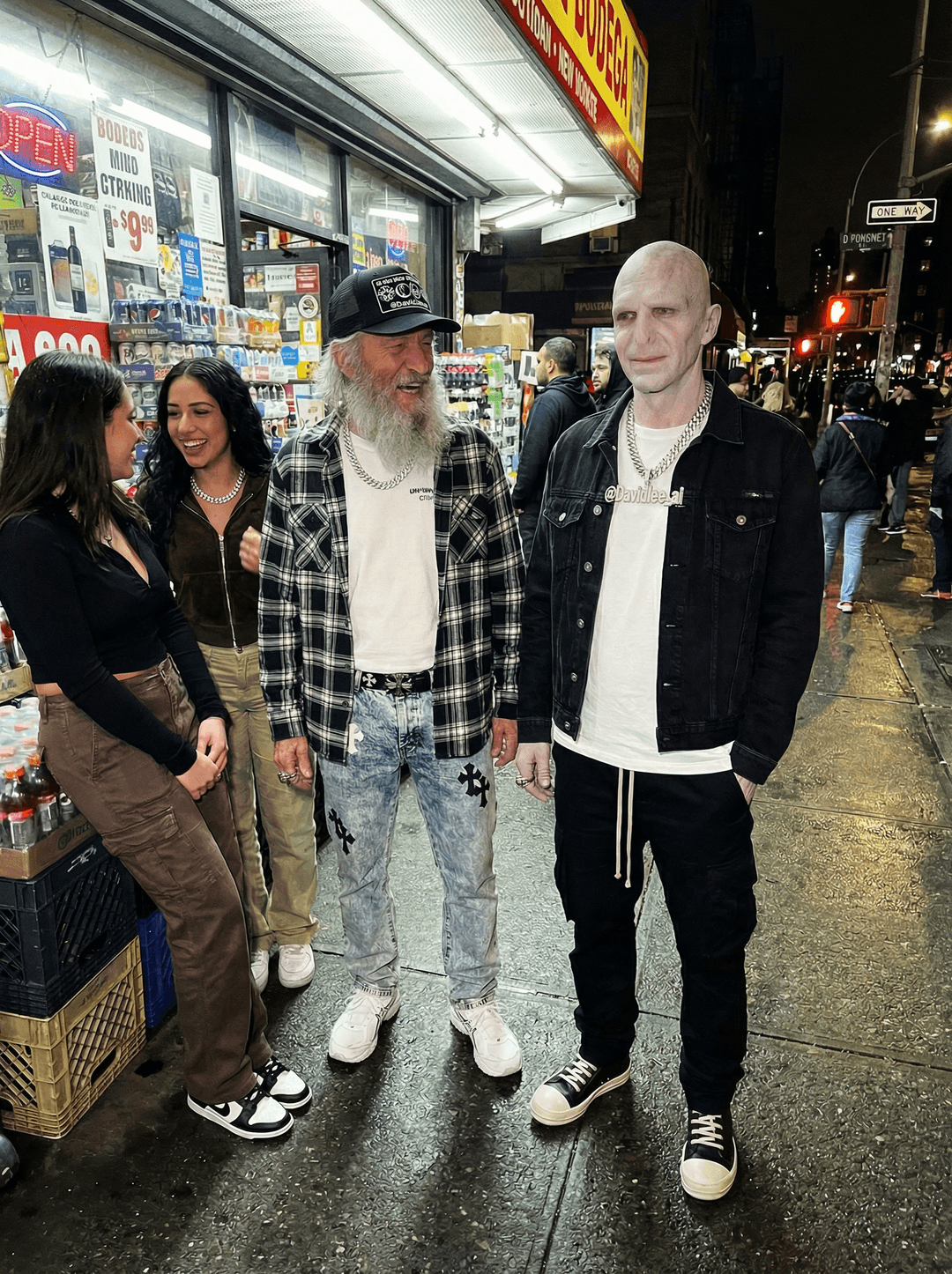 STRICT SCENE PRESERVATION — DO NOT CHANGE BASE IMAGE

BASE IMAGE IS LOCKED:
- Same NYC bodega exterior at night
- Same camera angle, framing, subject positions, and composition
- Same people, same outfits, same environment
- DO NOT reimagine or restyle the scene
- Only apply the following targeted corrections

--------------------------------

VOLDEMORT (MICRO-REALISM FIX):
- Maintain bald head, no nose, no ears (anatomically correct)
- Adjust facial expression: add subtle micro-expression (slight smirk or mild reaction)
- He must feel PRESENT in the moment, not emotionally disconnected
- Improve skin texture: pale, slightly desaturated, visible pores, natural uneven tone
- Ensure lighting on face matches overhead fluorescent + street light mix
- Add subtle shadow falloff under eyes and jaw for depth

--------------------------------

JEWELRY UPGRADE (HIGH-END REALISM — NO OVERDOING):
- Enhance both Gandalf and Voldemort Cuban link chains:
  - Slightly thicker, natural weight and sag
  - Diamonds reflect real light only (NO glow)
- Voldemort pendant:
  - Iced-out “@Davidlee_ai”
  - Fully legible, diamond-encrusted, realistic metal + stone reflections
- Add minimal rings (1–2 max