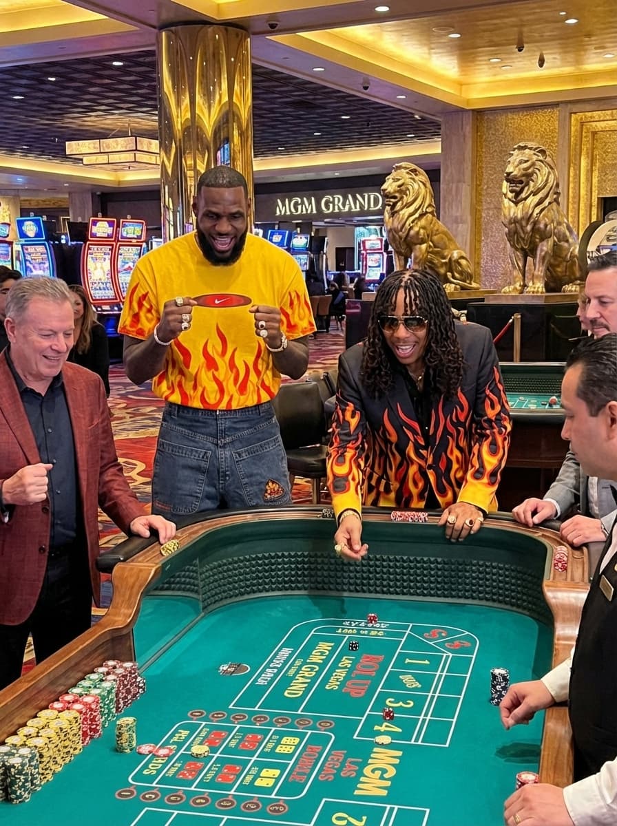 create me a photo of lebron james an rick james wearing outfit above at the casino in mgm grand las vegas paying craps 