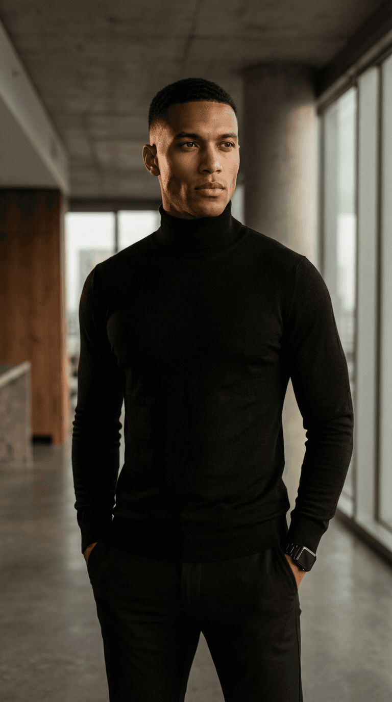 A cinematic portrait of a light-skinned Black man, 6ft tall with a lean athletic build, sharp jawline and defined cheekbones. He has short dark brown hair (almost black), clean fade, and deep dark brown eyes with a calm but intense gaze.

He is standing in a modern, minimal luxury environment — soft shadows, clean architecture, subtle textures. Wearing a fitted black or neutral-toned outfit (tailored tee or turtleneck, slim pants), with a sleek watch or minimal accessories.

Lighting is dramatic and high-end: soft key light from the side, deep shadows, high contrast, with subtle glow on the face. Color grading is cinematic — rich blacks, warm highlights, slightly desaturated tones for a luxury editorial feel.

Expression is focused, composed, and slightly introspective — like a man thinking 10 steps ahead. Body language is relaxed but intentional, hands either in pockets or subtly posed.

Background is blurred or minimal — could be a high-rise interior, modern office, or abstract luxury setting with soft depth of field.

Shot on a high-end DSLR, 85mm lens look, shallow depth of field, ultra sharp focus on face. Editorial magazine quality, similar to a GQ or Forbes feature.

Mood: disciplined, self-made, powerful but calm, quiet confidence, modern entrepreneur energy.

[Character "Adam Wes": Light-skinned Black male, 6ft tall with an athletic, lean build. Sharp jawline with defined cheekbones. Dark brown hair, low cut or clean fade, appearing nearly black under most lighting. Deep dark brown eyes with an intense but calm gaze. Smooth skin with natural texture, no exaggeration. Often styled in minimal, clean outfits—neutral tones, blacks, creams, and earth colors. Presence is quiet but commanding. Carries a mix of street authenticity and refined, modern luxury aesthetic. Movements are intentional, never rushed.]
