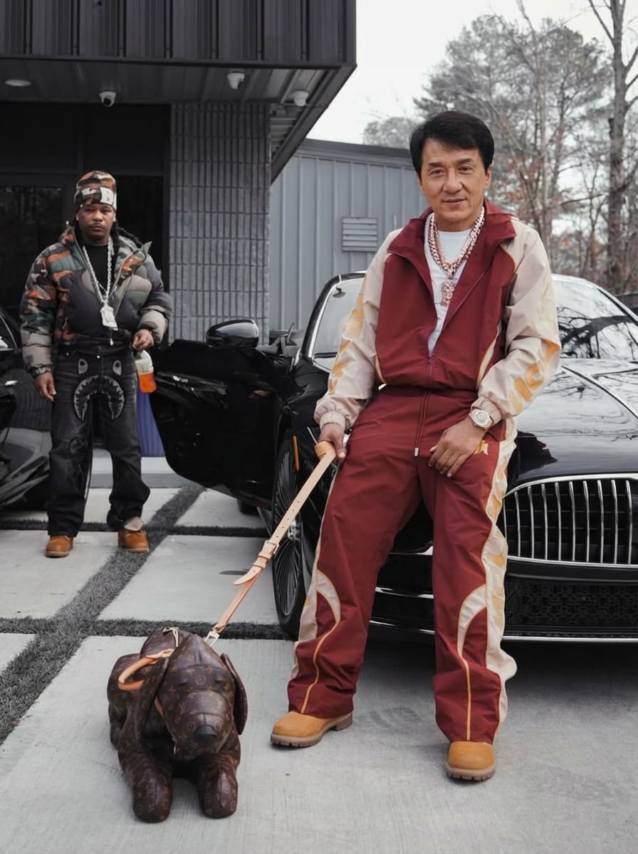 Use the provided image as the base reference. Maintain the exact same environment lighting, camera angle, pose, outfit structure, and composition from the original image.
Replace the original subject with Jackie Chan,Movie Actor wearing outfits attached
